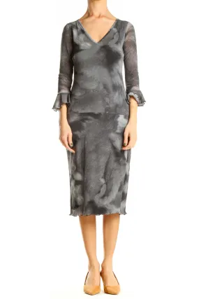 Gray Classic Sheath Dress with Ruffle Sleeves