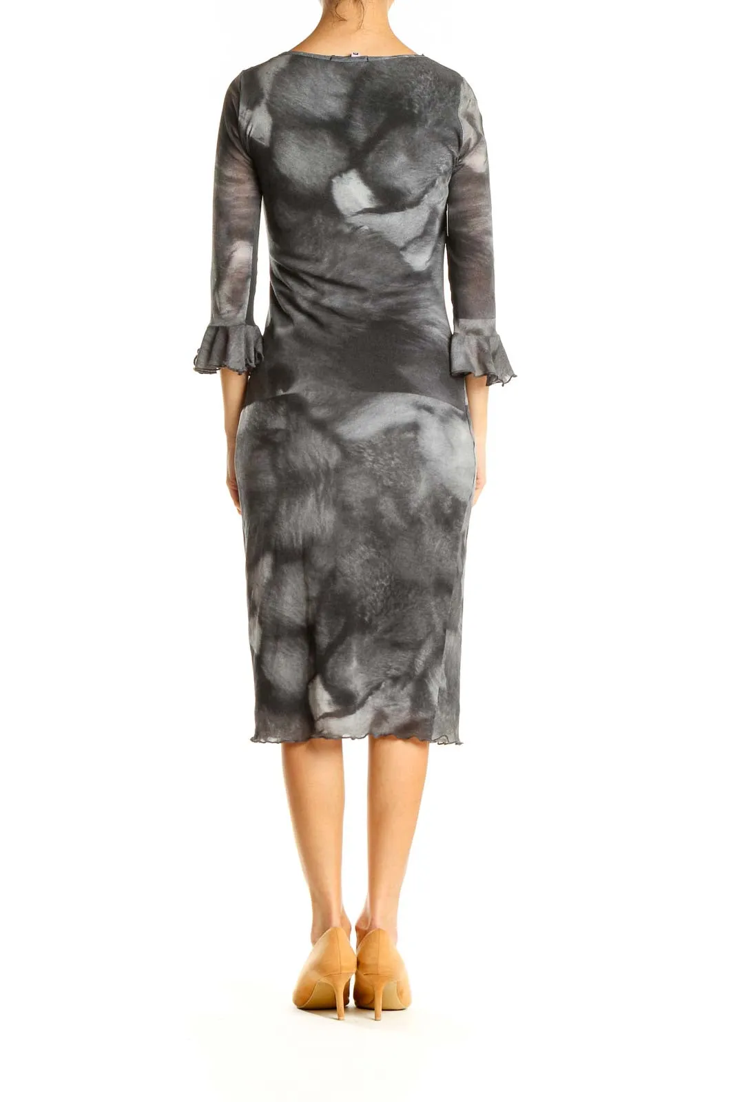 Gray Classic Sheath Dress with Ruffle Sleeves