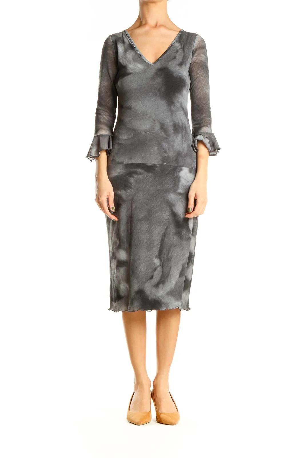 Gray Classic Sheath Dress with Ruffle Sleeves