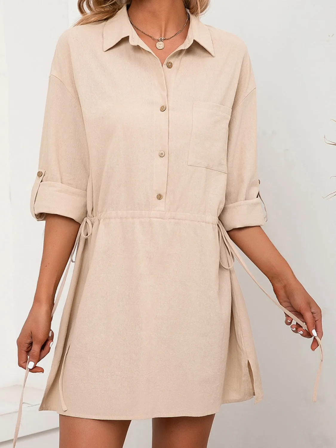 Half Button Roll-Tab Sleeve Resort Dress