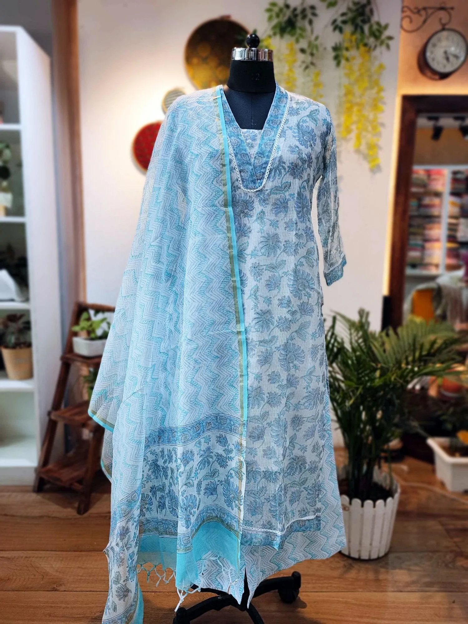 Ice Blue Handblock Print Kota Suit Set