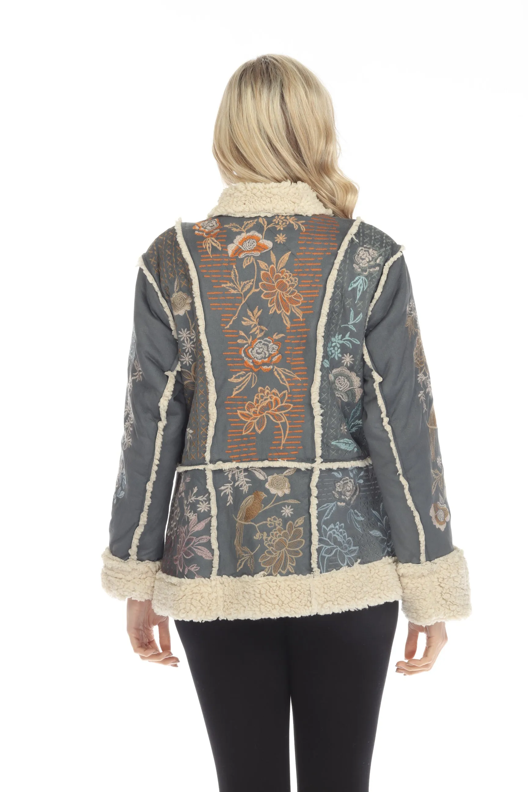 Johnny Was Biya Grey Splendid Suede Floral Embroidered Coat Boho Chic B49722-E