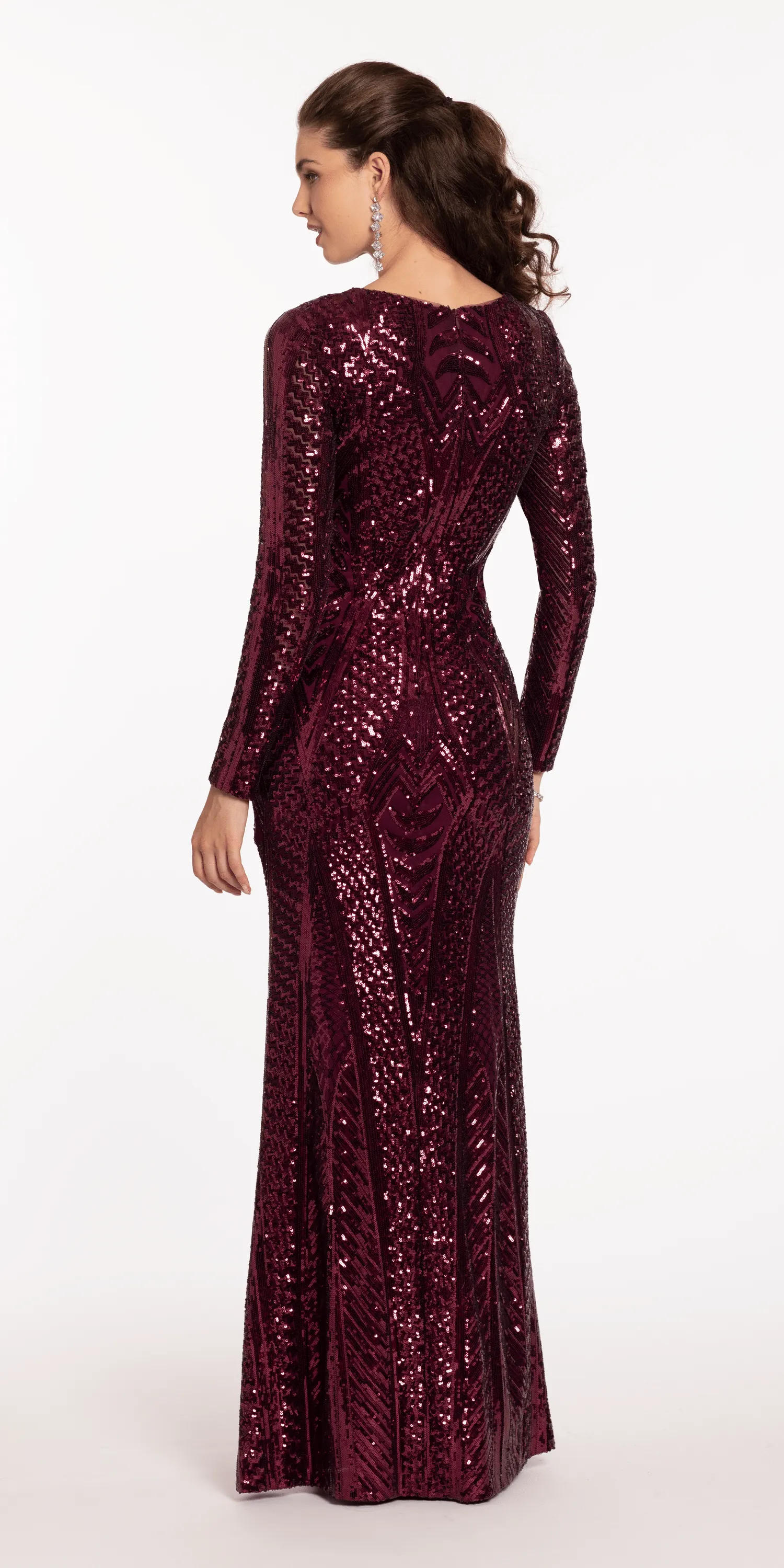 Long Sleeve V Neck Sequin Column Dress