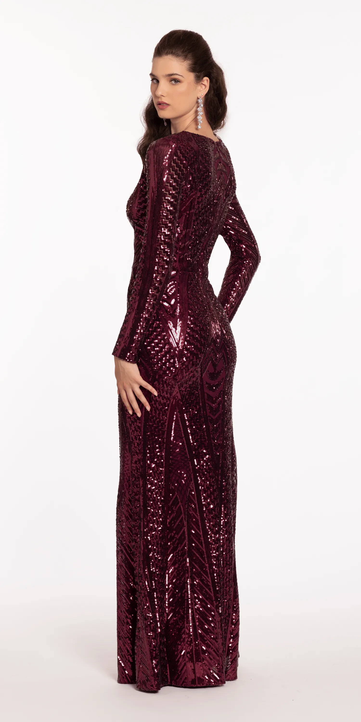 Long Sleeve V Neck Sequin Column Dress