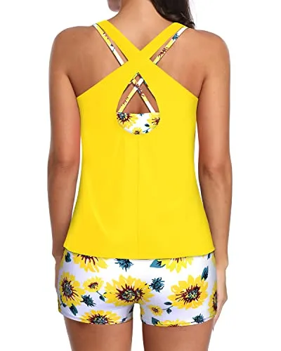 Long Torso 3 Piece Tankini Swimsuit With Padded Bra For Women-Sunflower