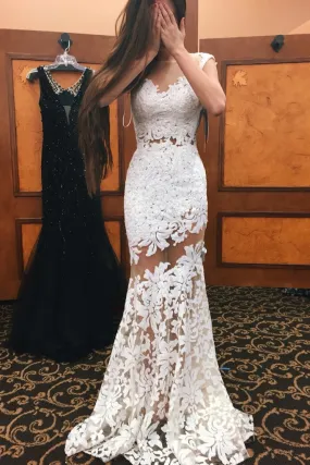 Mermaid Applique Sexy Bridal Dress,Sexy Custom Made White Elegant Prom Dresses PFP0973