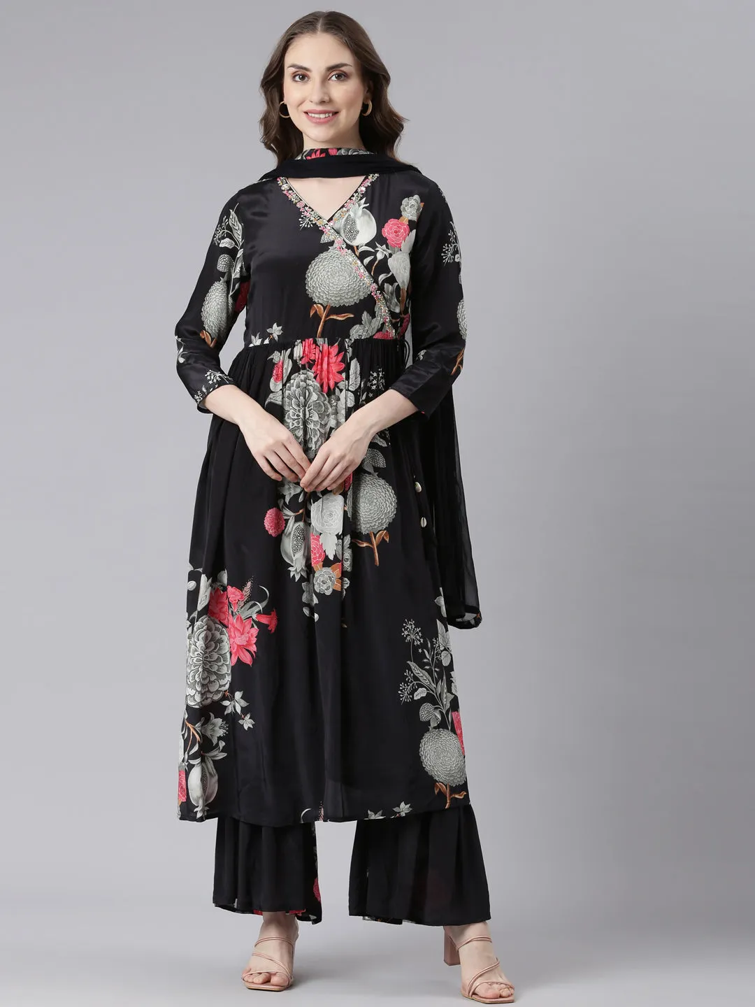 Neerus Black Muslin Curved Casual Floral Kurta and Trouser with Dupatta