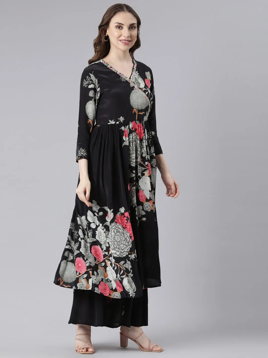 Neerus Black Muslin Curved Casual Floral Kurta and Trouser with Dupatta