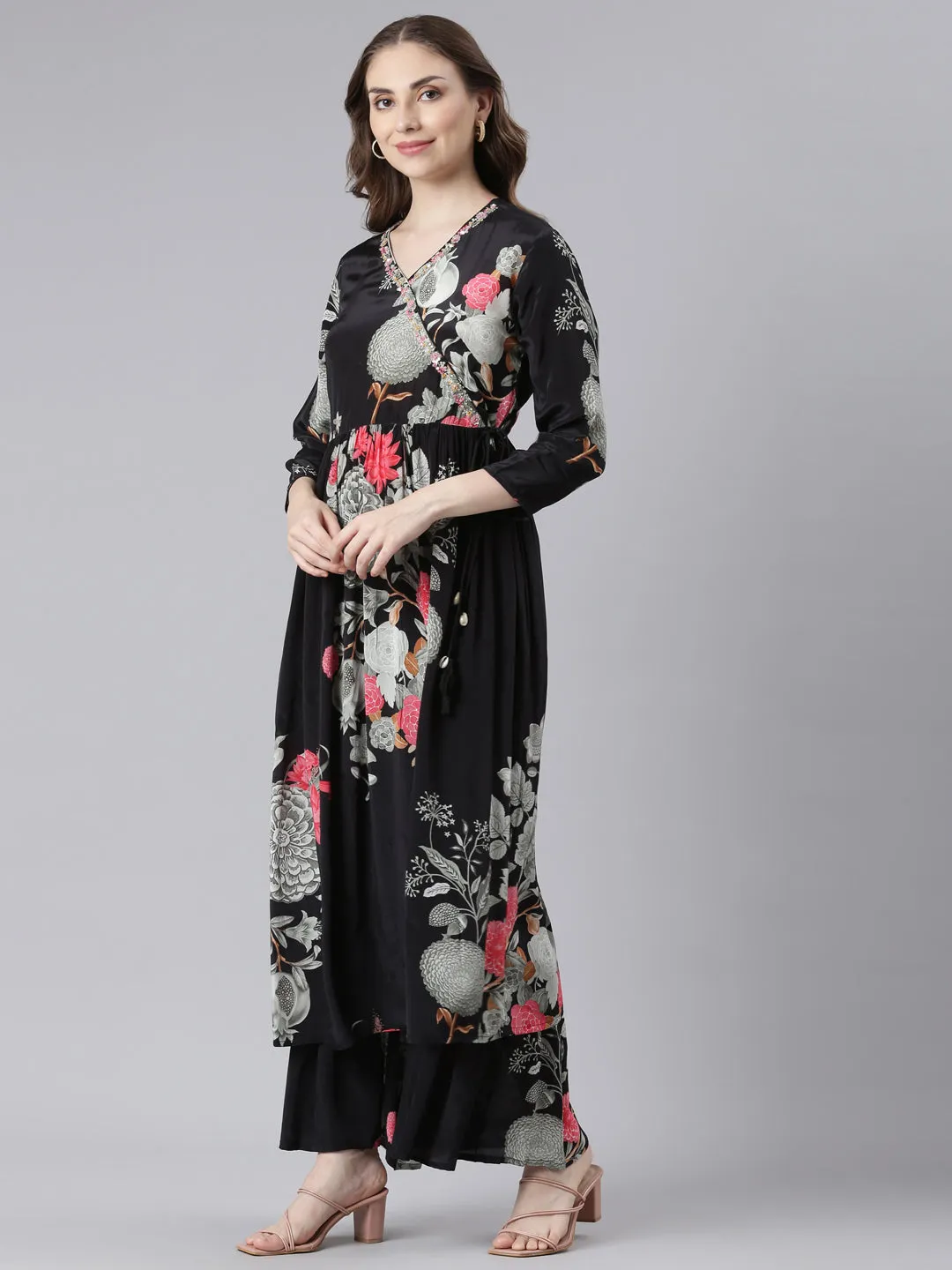 Neerus Black Muslin Curved Casual Floral Kurta and Trouser with Dupatta