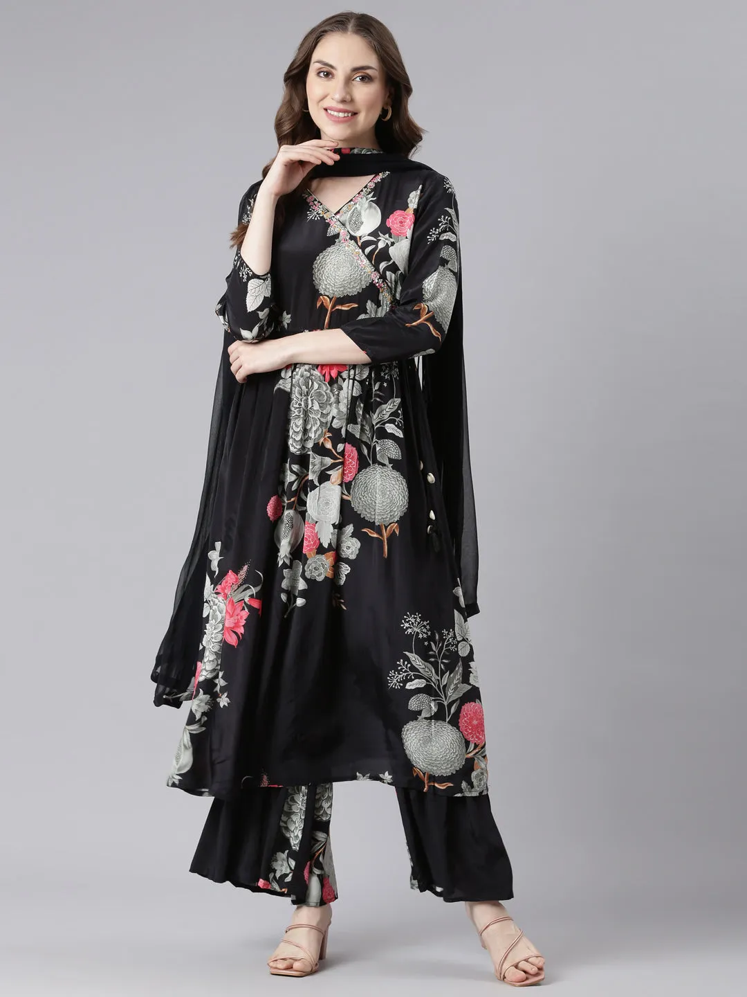 Neerus Black Muslin Curved Casual Floral Kurta and Trouser with Dupatta