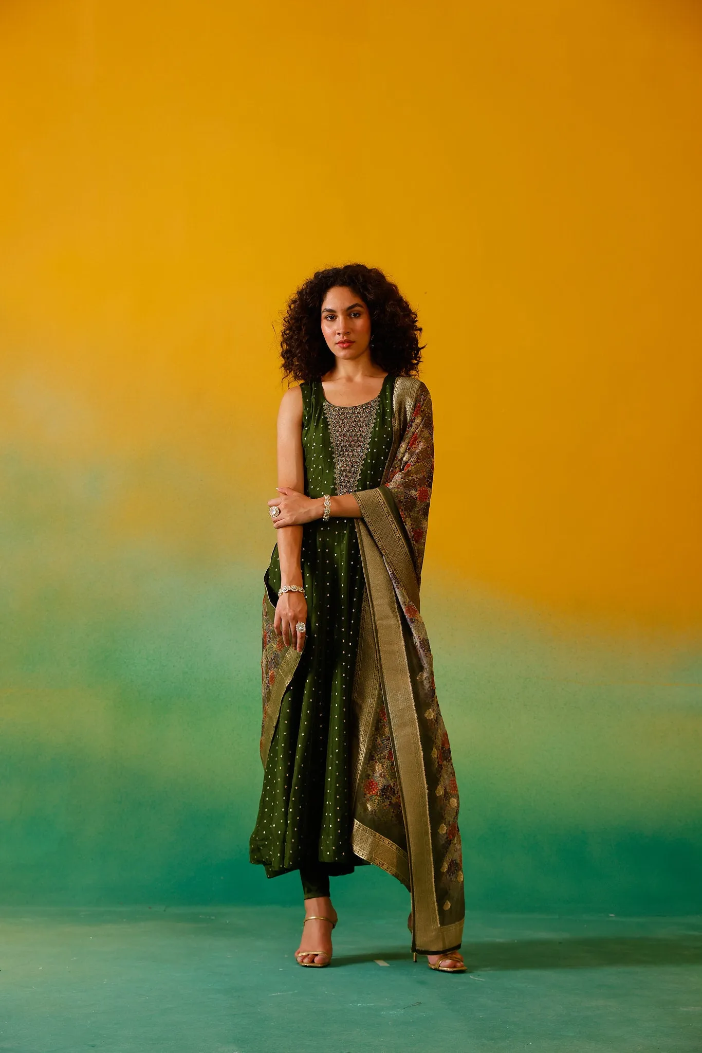 Neerus Mehadi Green Embroidery Chinon Fabric Anarkali Trouser and Dupatta.