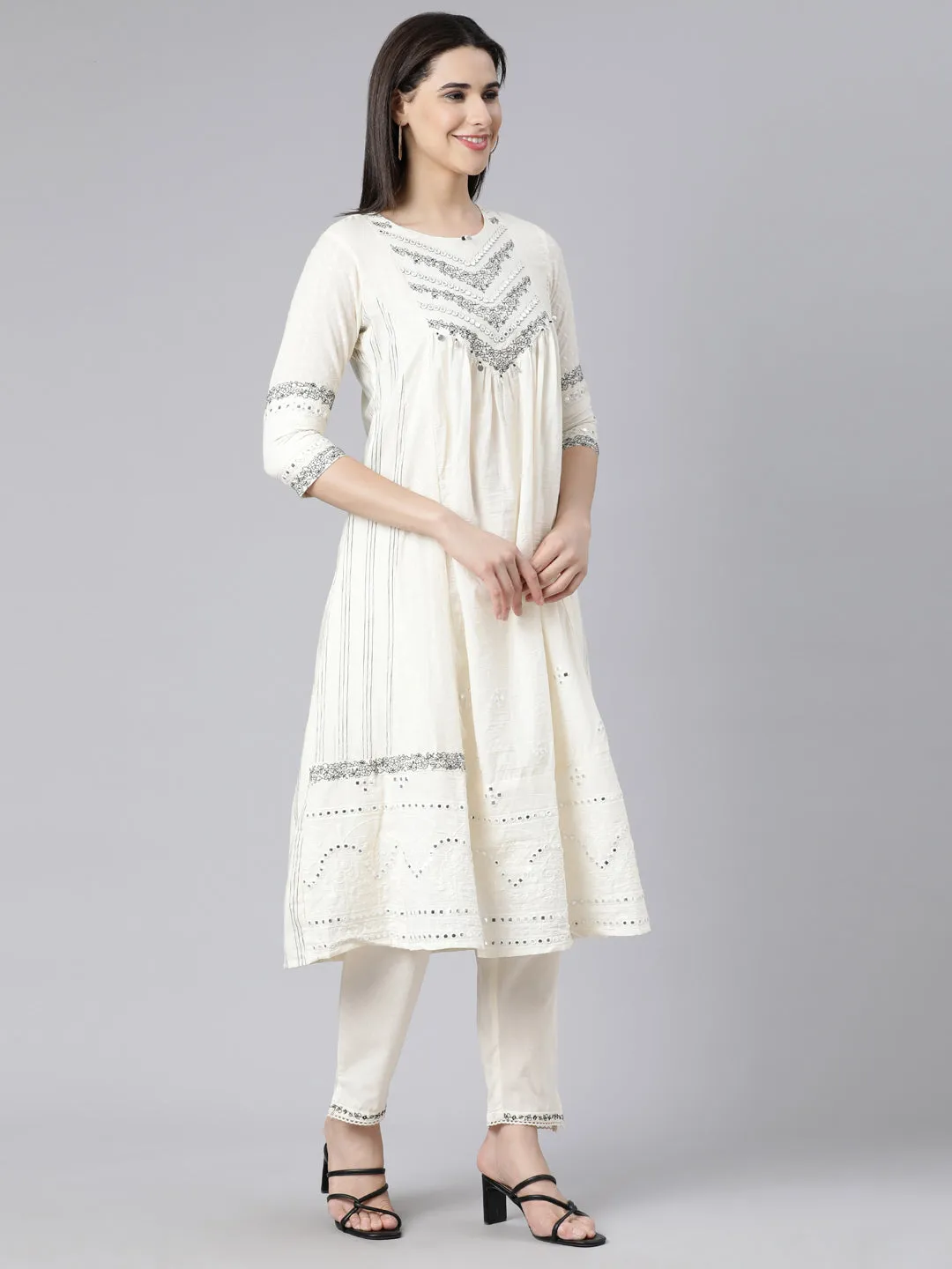 Neerus Off White Panelled Yoke Design Kurta And Trousers With Dupatta