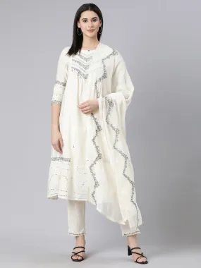 Neerus Off White Panelled Yoke Design Kurta And Trousers With Dupatta