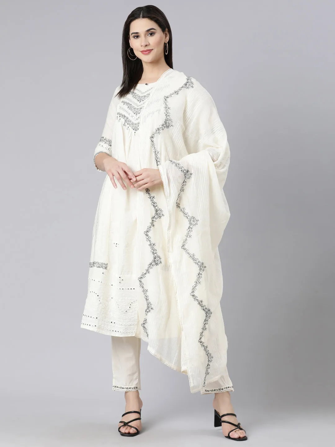 Neerus Off White Panelled Yoke Design Kurta And Trousers With Dupatta