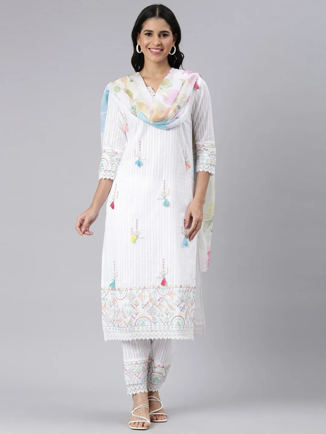 Neerus white Regular Straight Embroidered Kurta and Trousers With Dupatta