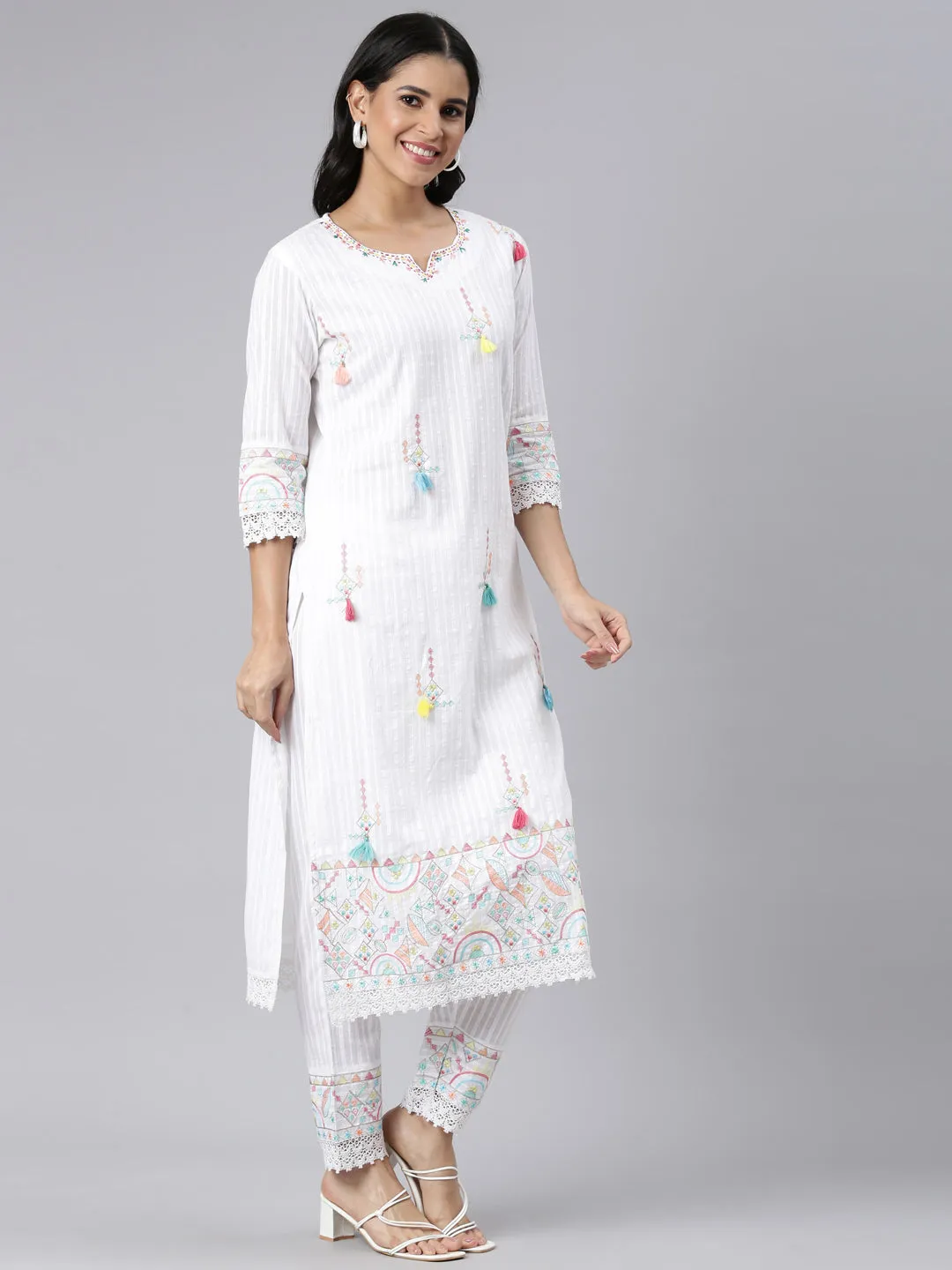 Neerus white Regular Straight Embroidered Kurta and Trousers With Dupatta