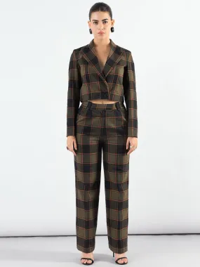 Notched Lapel Checkered Warm Crop Blazer With Trouser