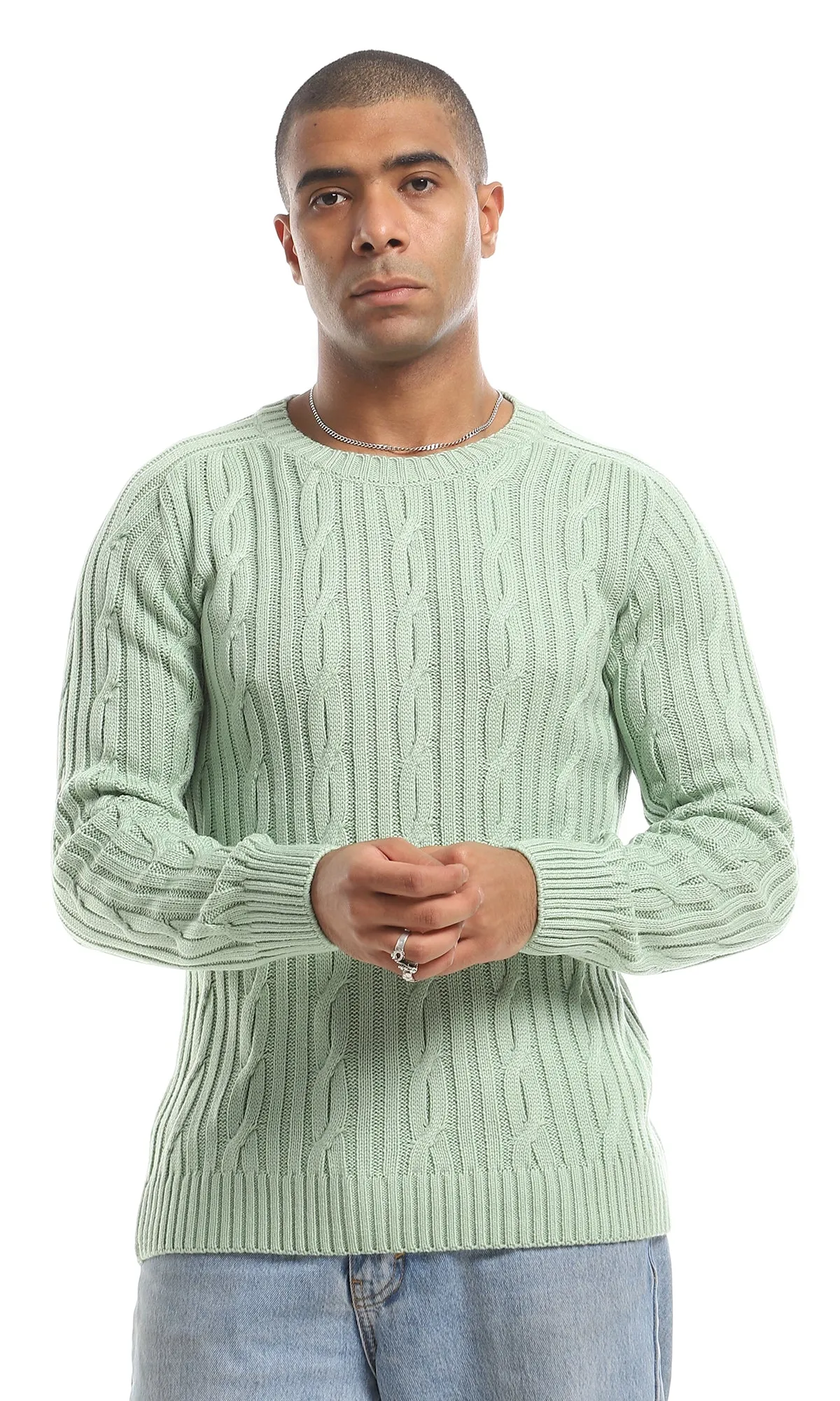 O154634 Elegant Crew Neck Knitted Long Sleeved Pullover - Mint Green