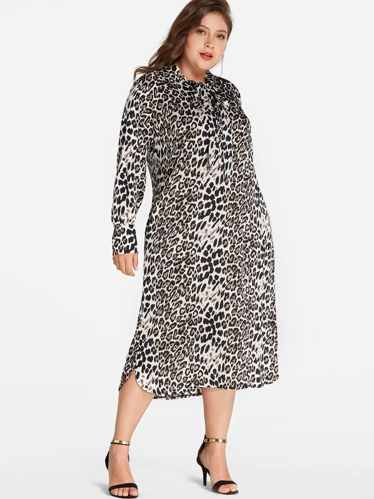 OEM ODM Classic Collar Leopard Long Sleeve Plus Size Dress