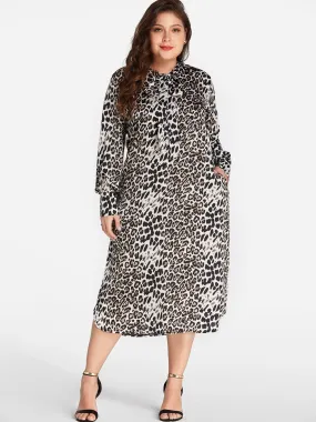 OEM ODM Classic Collar Leopard Long Sleeve Plus Size Dress