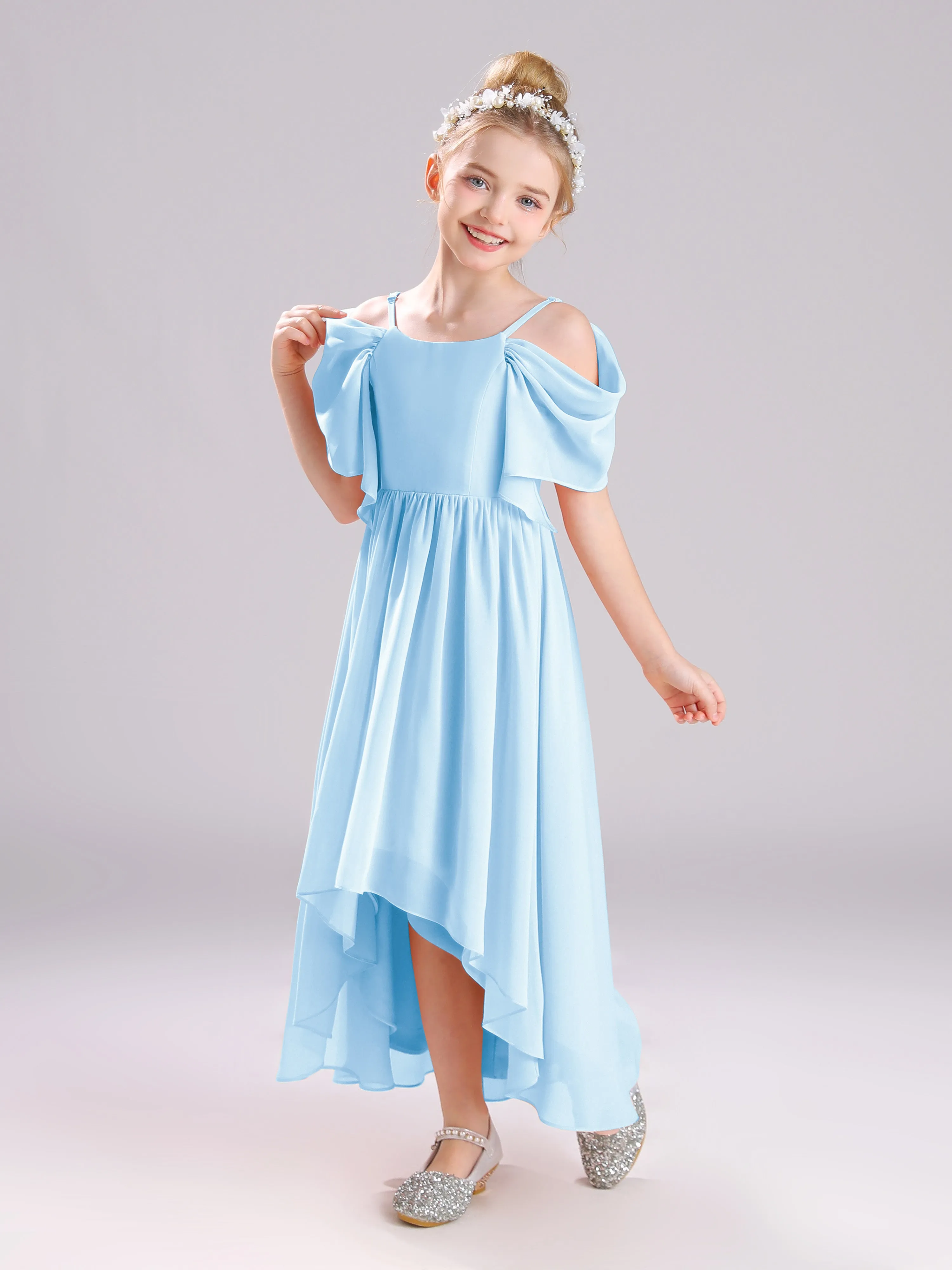 Off The Shoulder Straps Long Chiffon Junior Bridesmaid Dresses