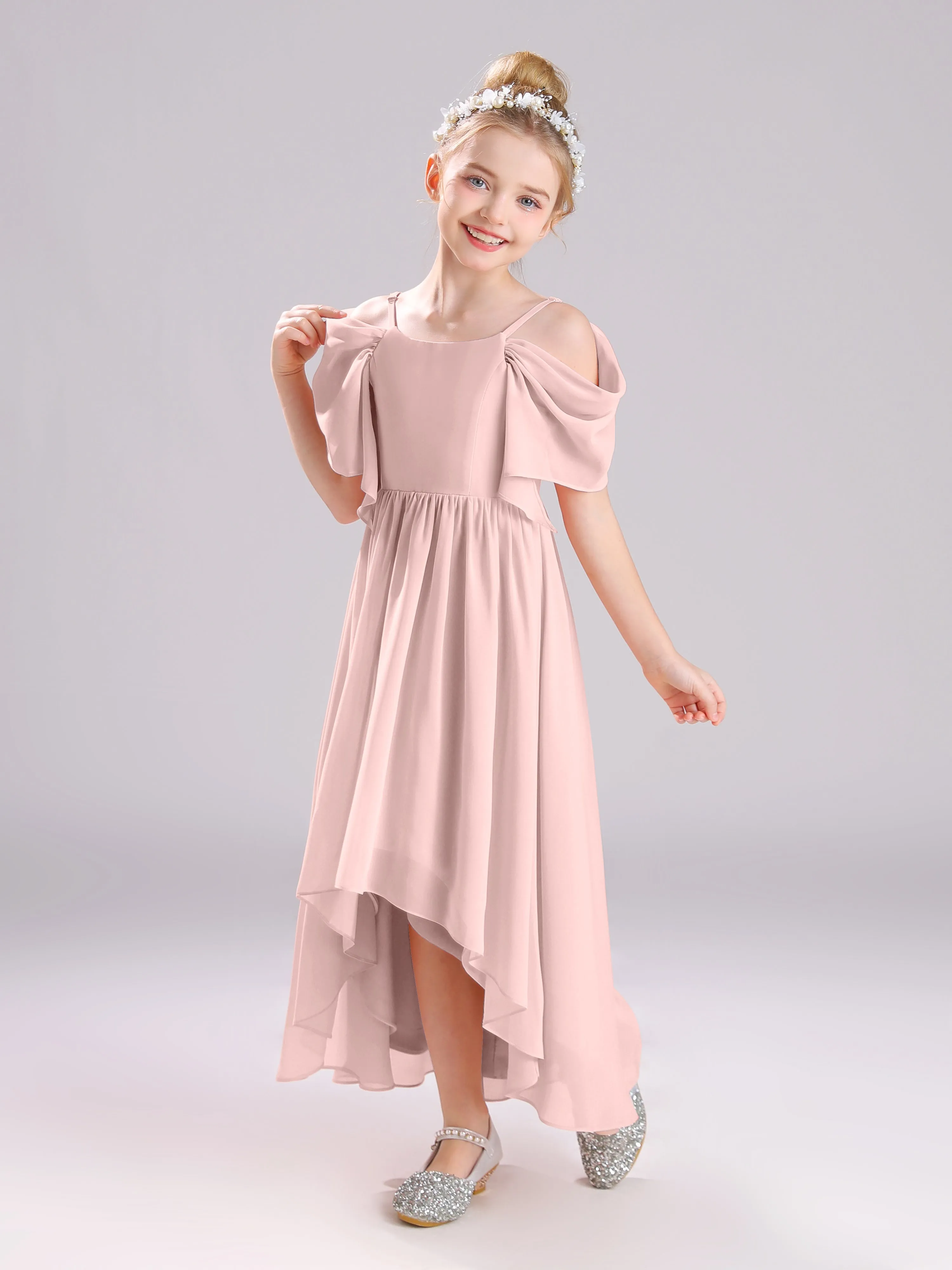 Off The Shoulder Straps Long Chiffon Junior Bridesmaid Dresses