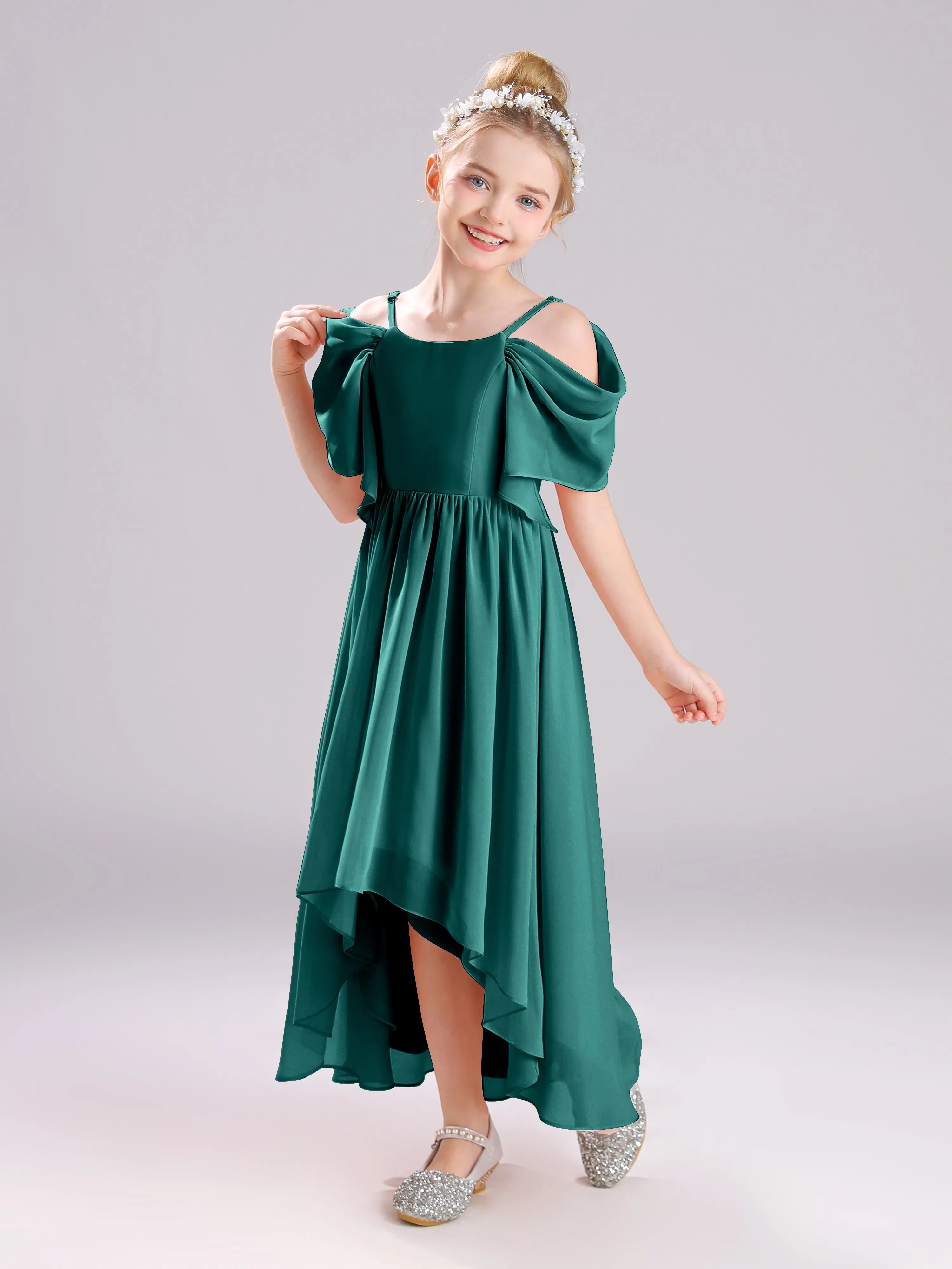 Off The Shoulder Straps Long Chiffon Junior Bridesmaid Dresses