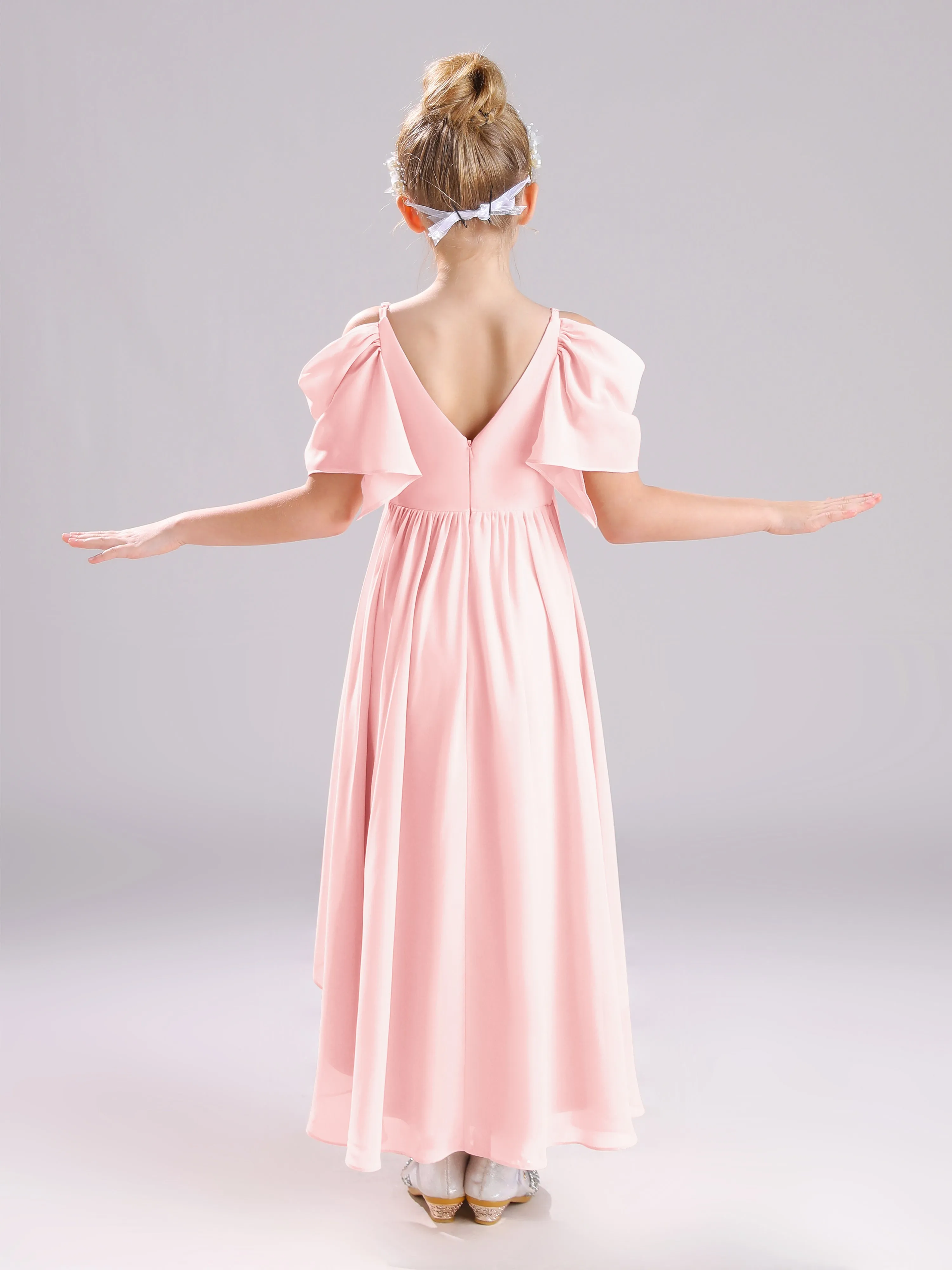 Off The Shoulder Straps Long Chiffon Junior Bridesmaid Dresses