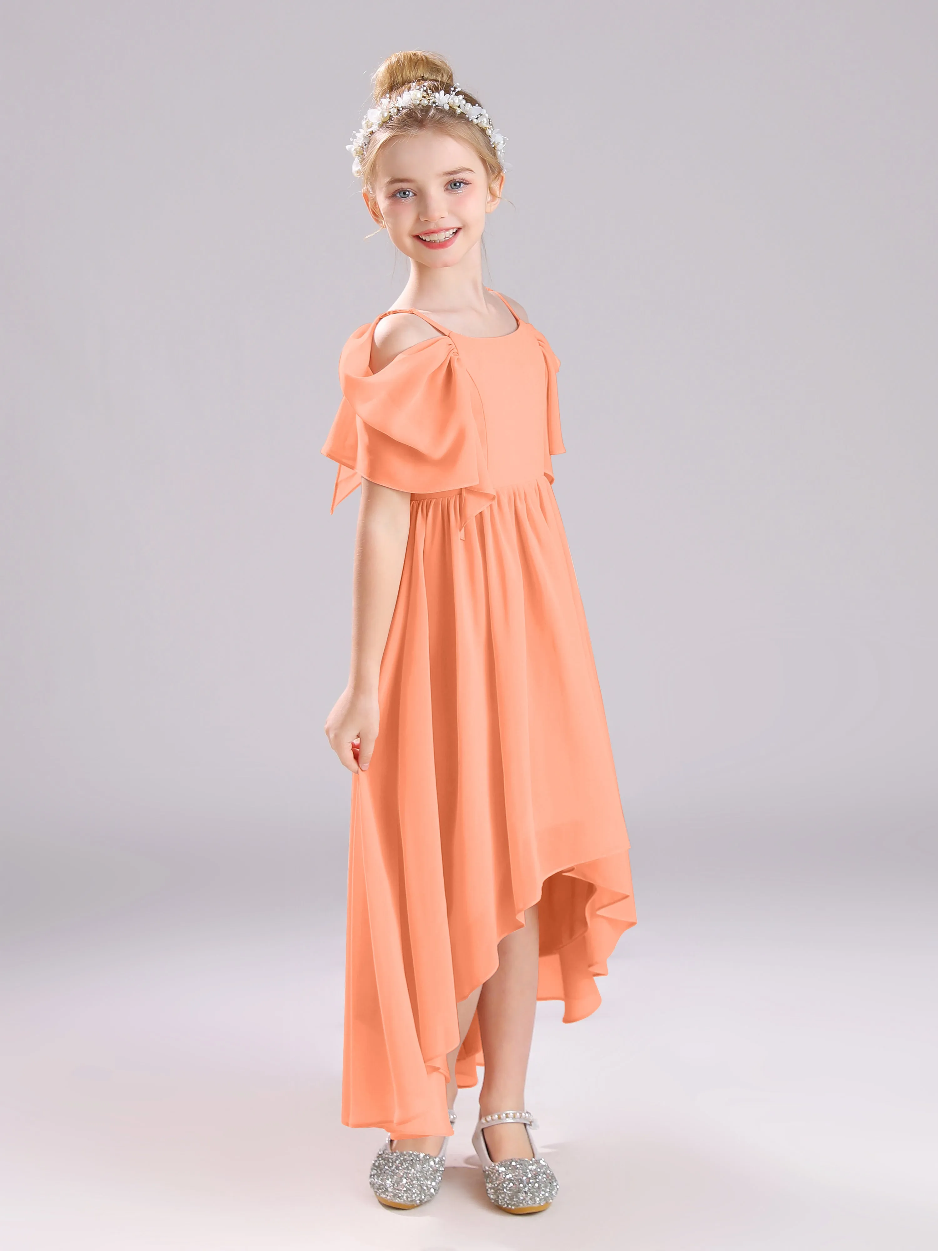 Off The Shoulder Straps Long Chiffon Junior Bridesmaid Dresses