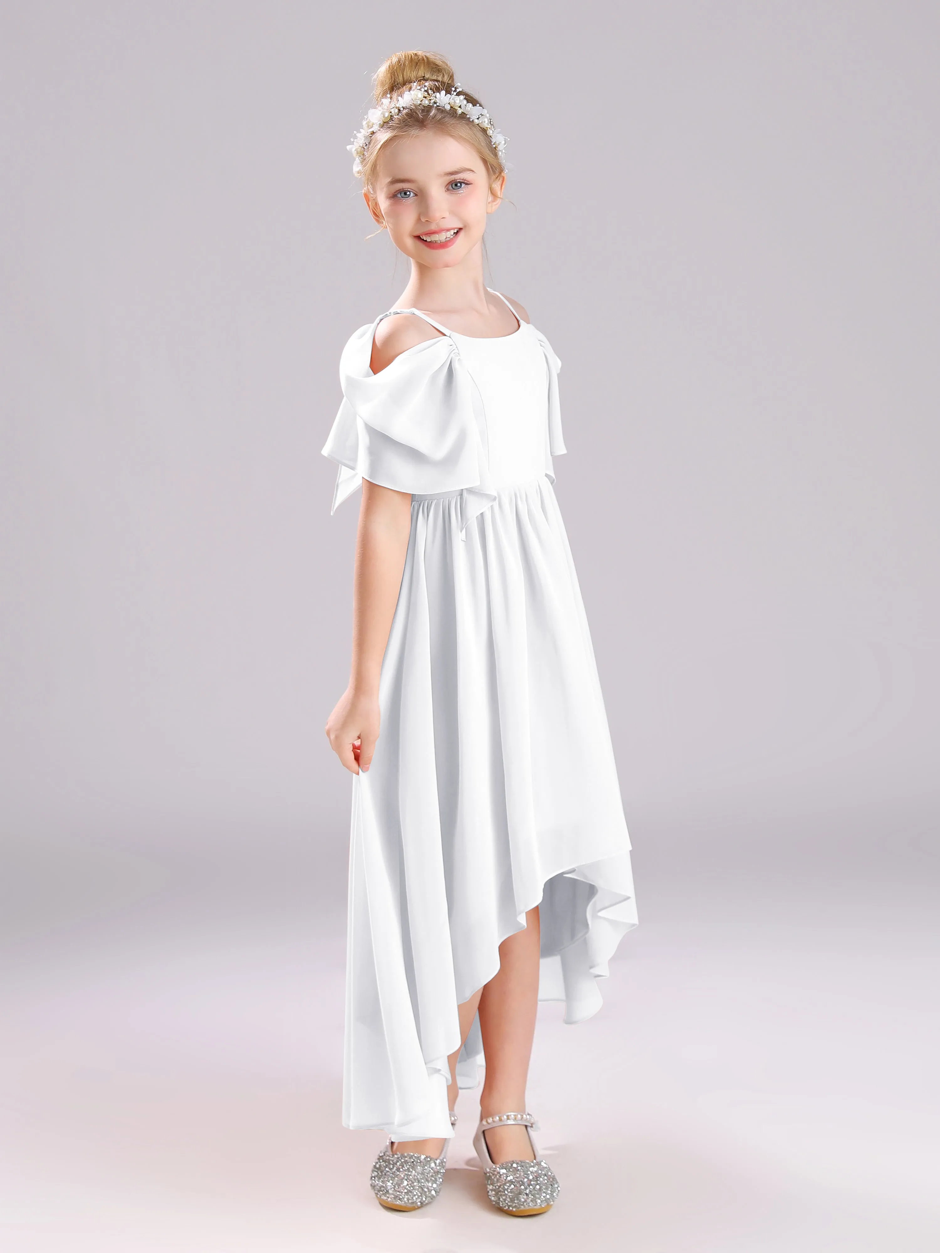 Off The Shoulder Straps Long Chiffon Junior Bridesmaid Dresses