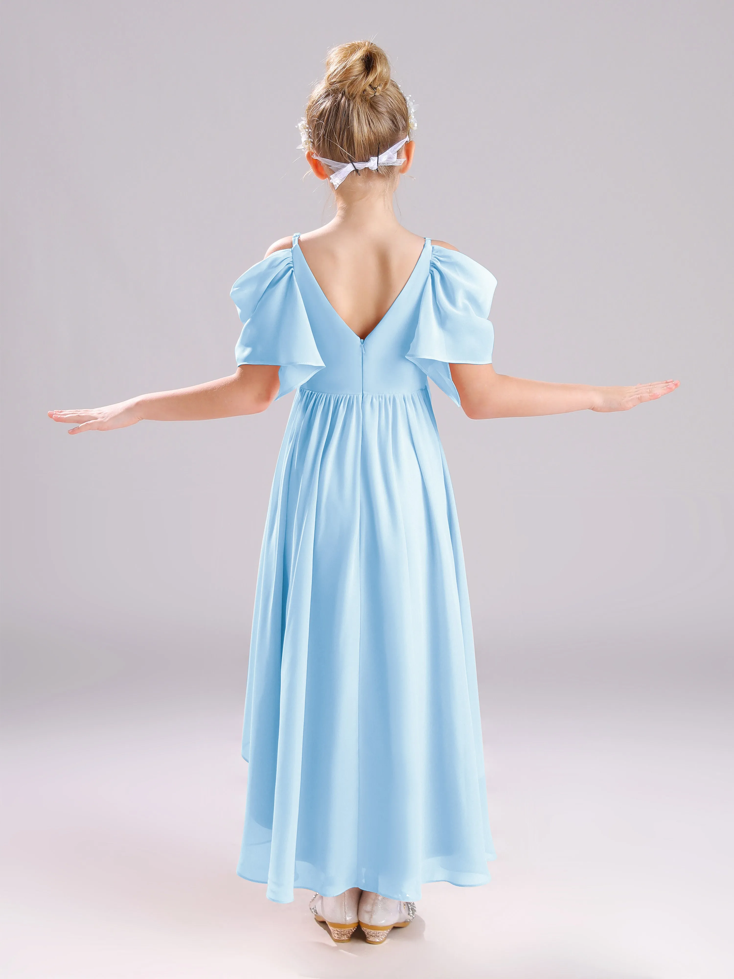 Off The Shoulder Straps Long Chiffon Junior Bridesmaid Dresses