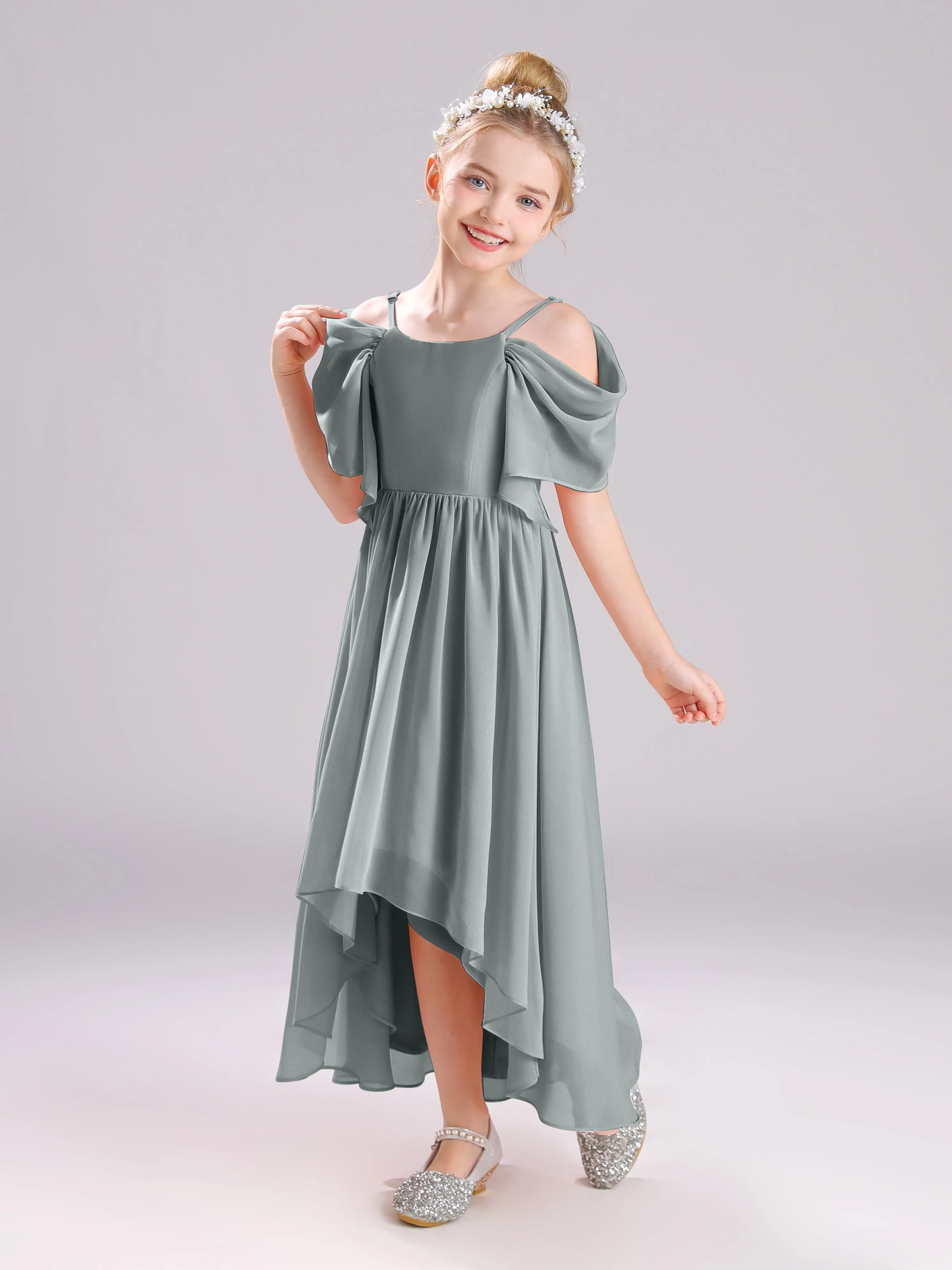 Off The Shoulder Straps Long Chiffon Junior Bridesmaid Dresses