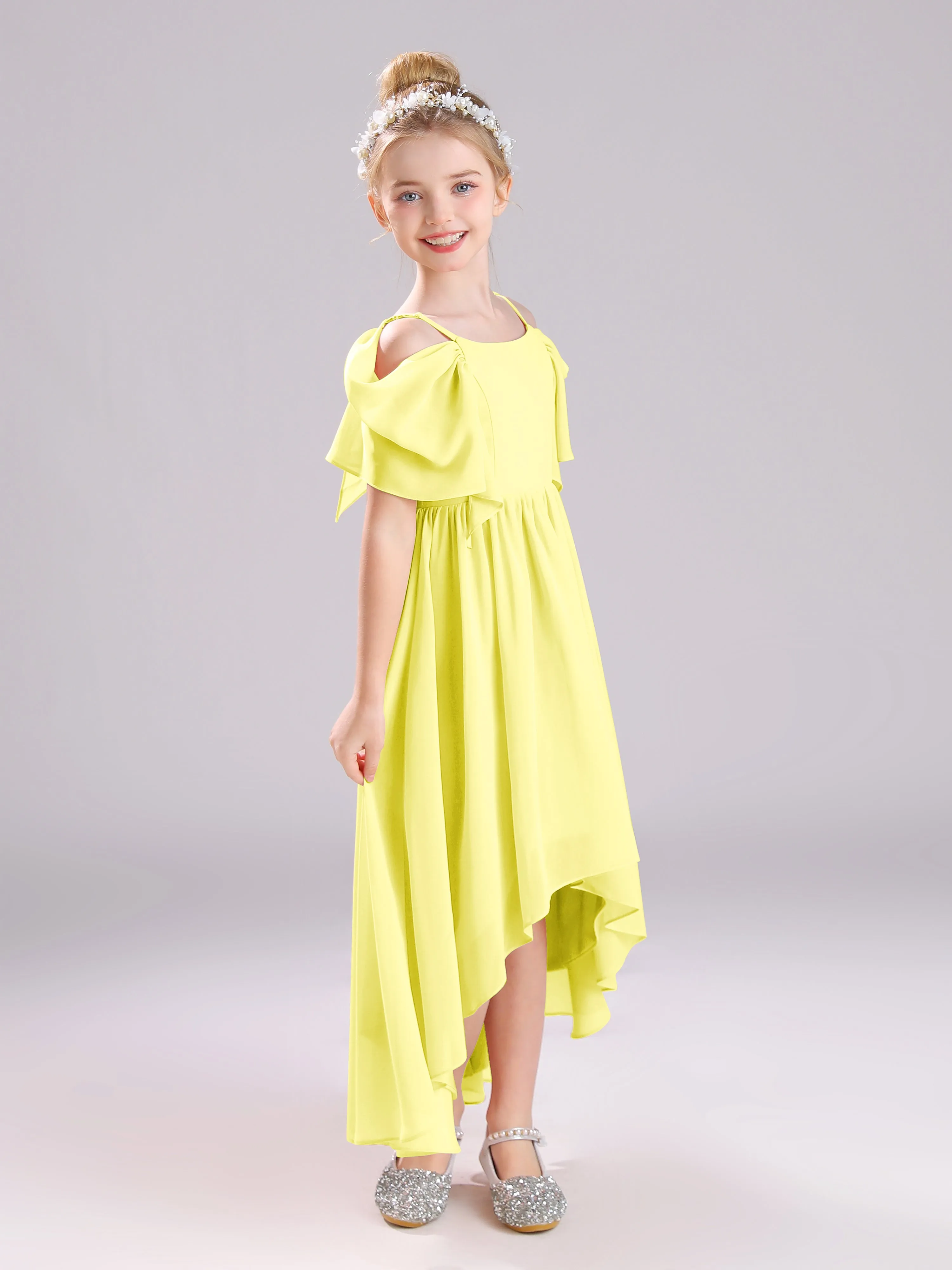 Off The Shoulder Straps Long Chiffon Junior Bridesmaid Dresses