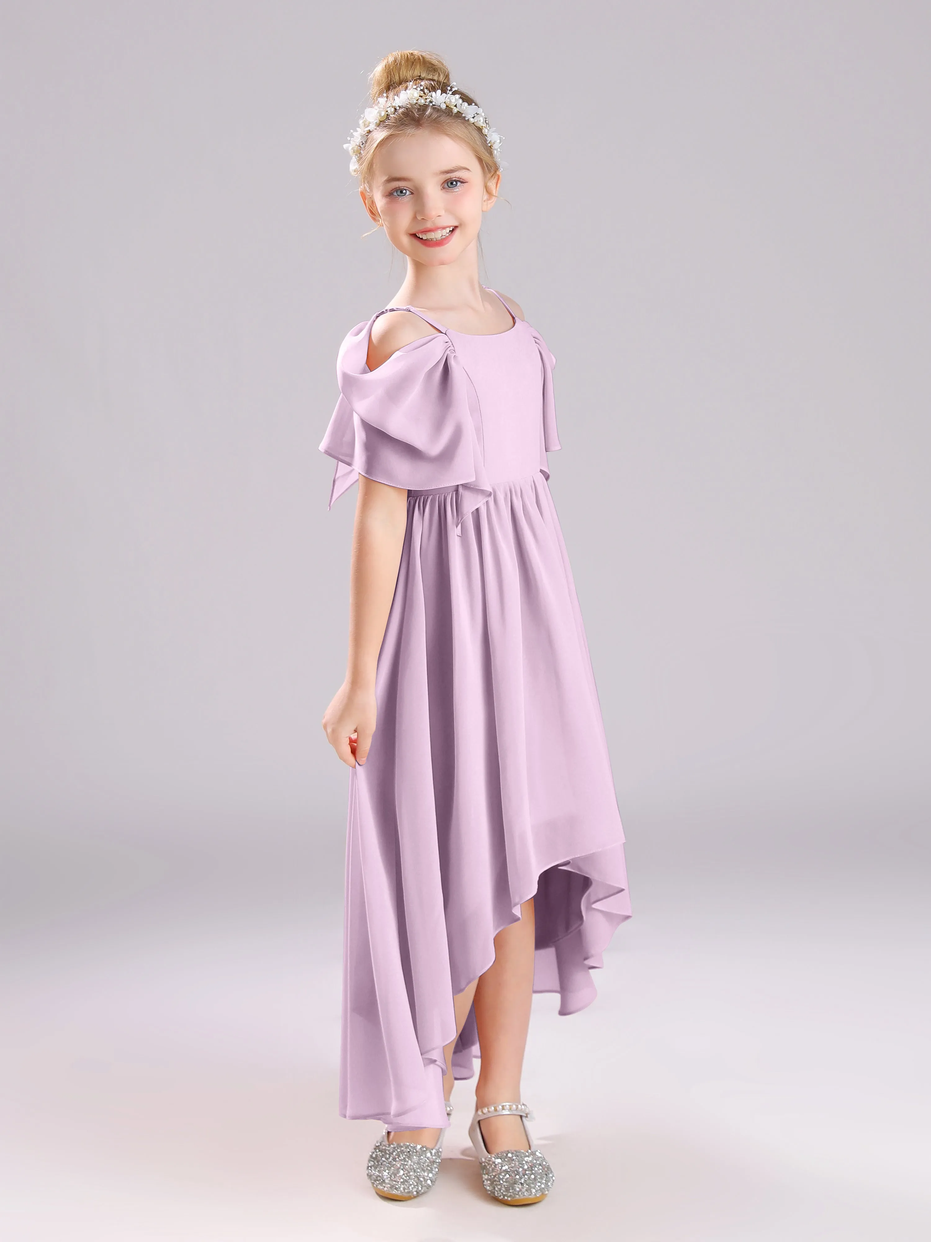 Off The Shoulder Straps Long Chiffon Junior Bridesmaid Dresses