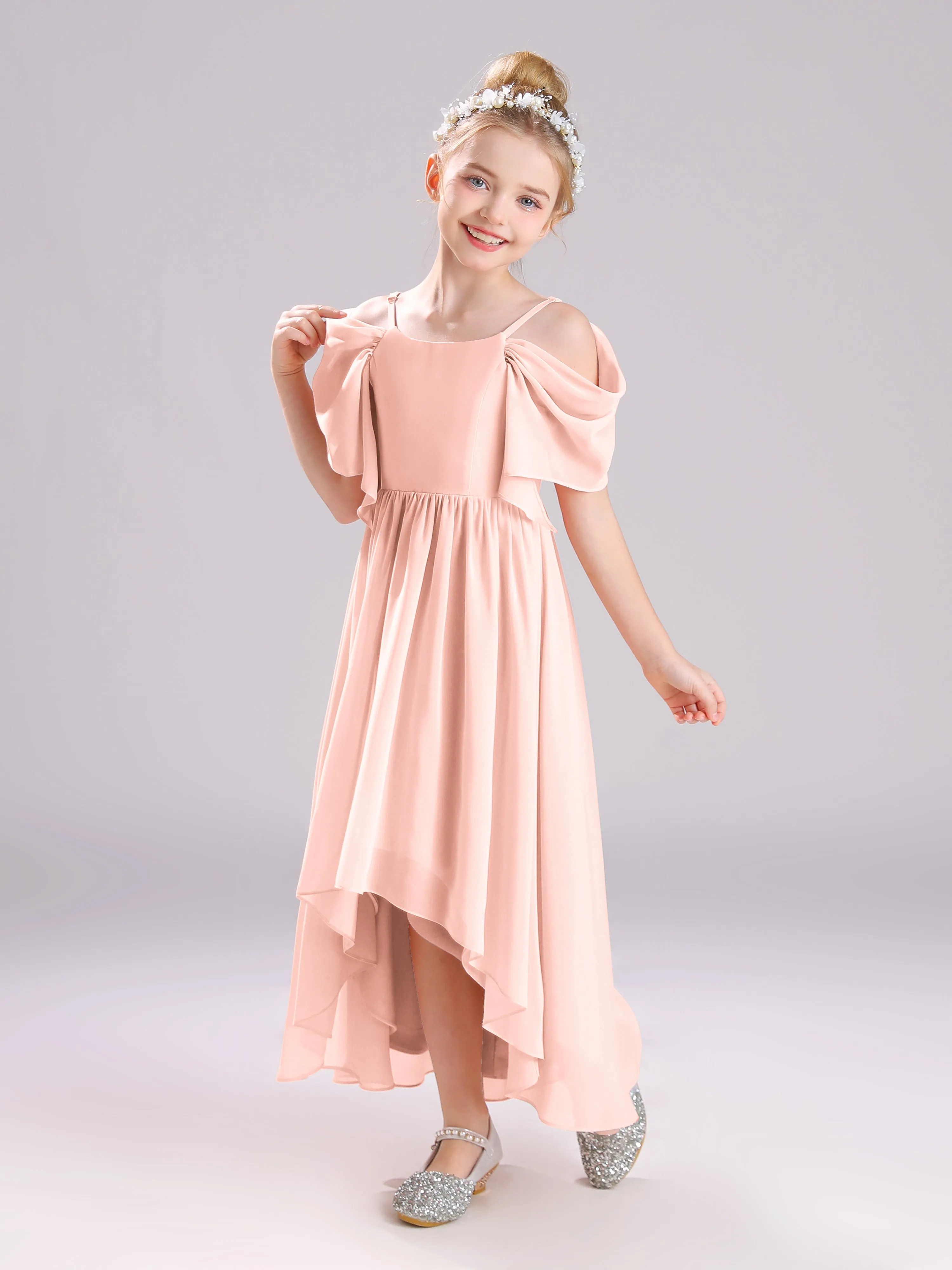 Off The Shoulder Straps Long Chiffon Junior Bridesmaid Dresses