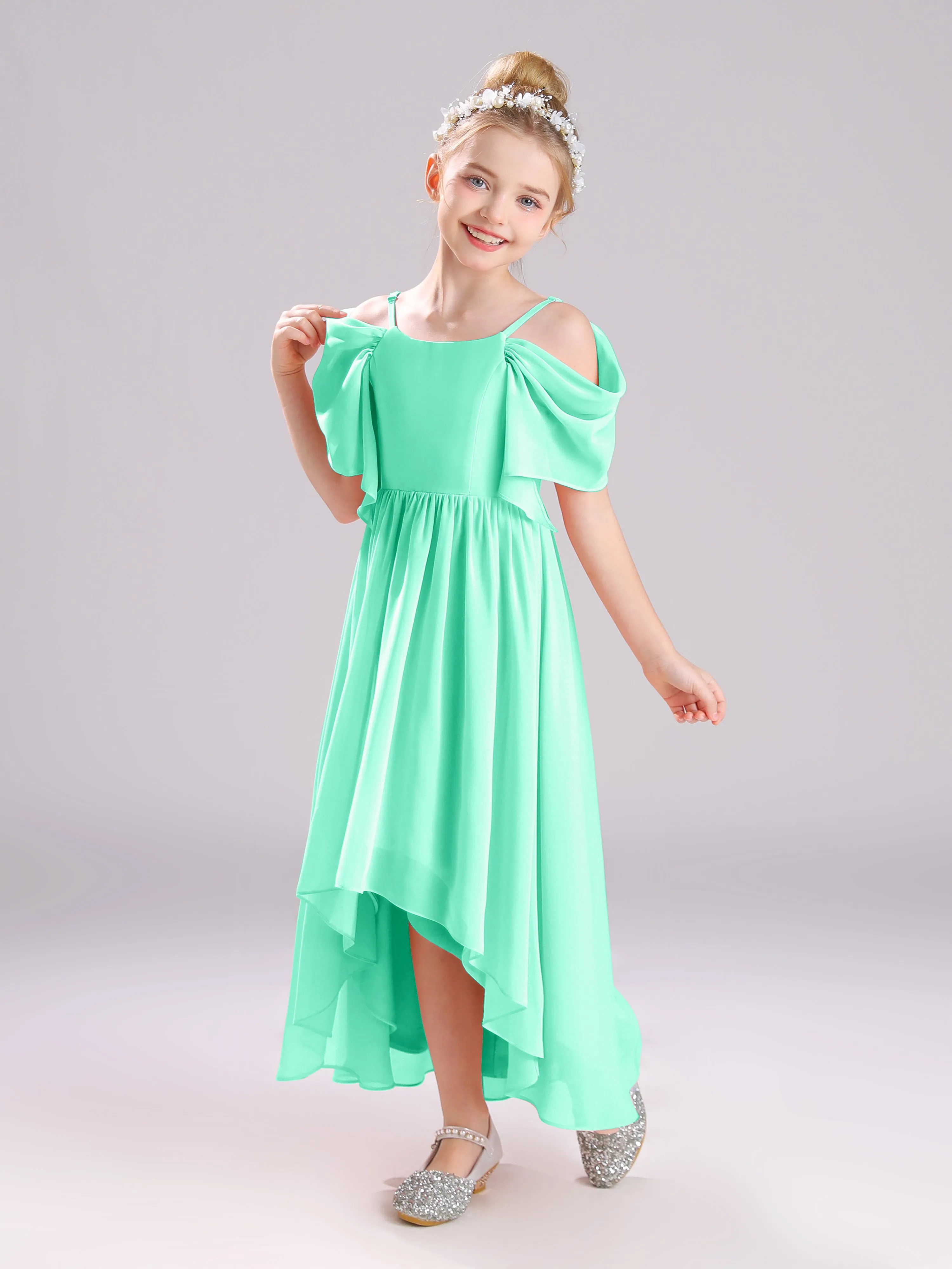 Off The Shoulder Straps Long Chiffon Junior Bridesmaid Dresses