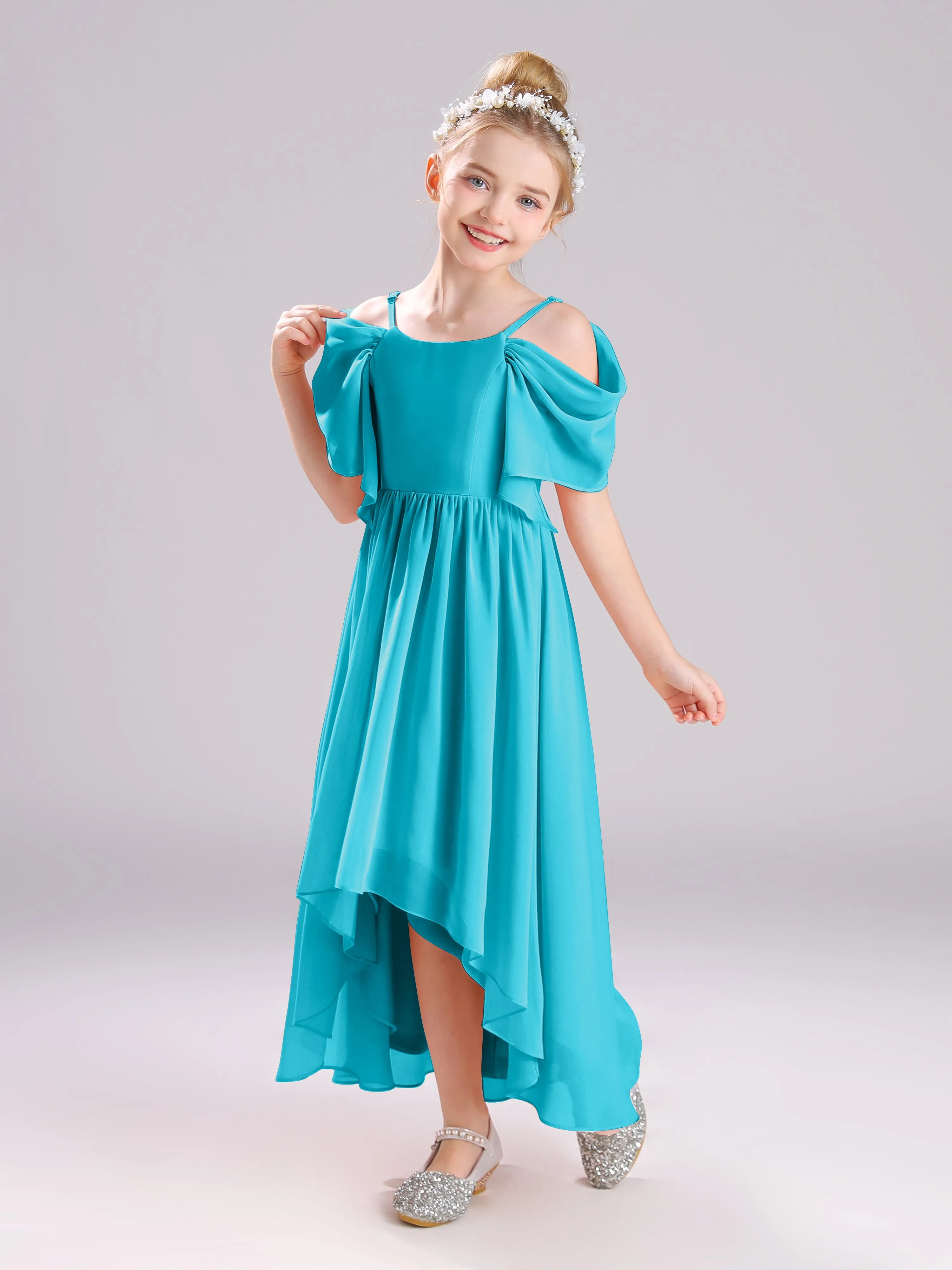 Off The Shoulder Straps Long Chiffon Junior Bridesmaid Dresses