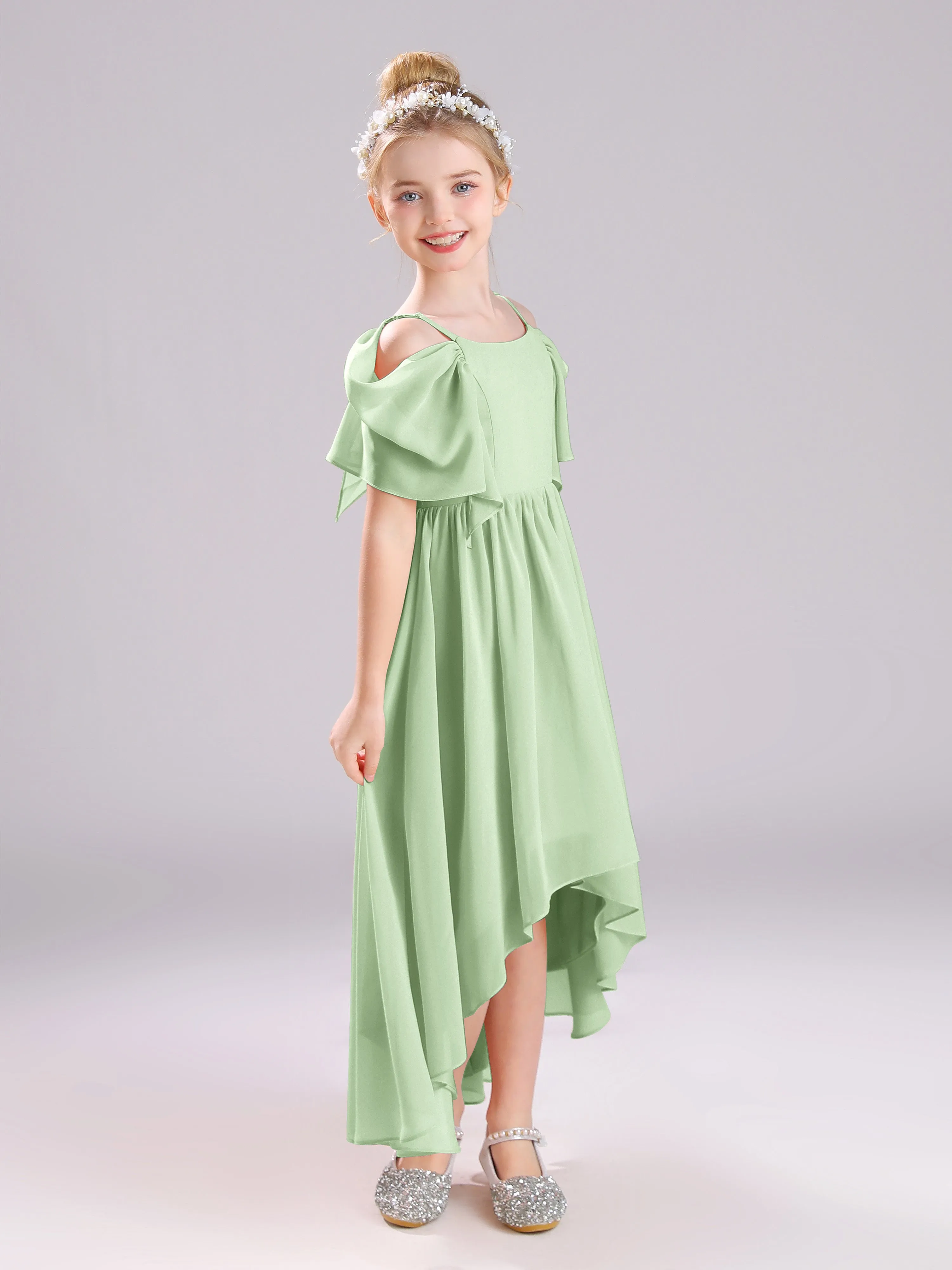 Off The Shoulder Straps Long Chiffon Junior Bridesmaid Dresses