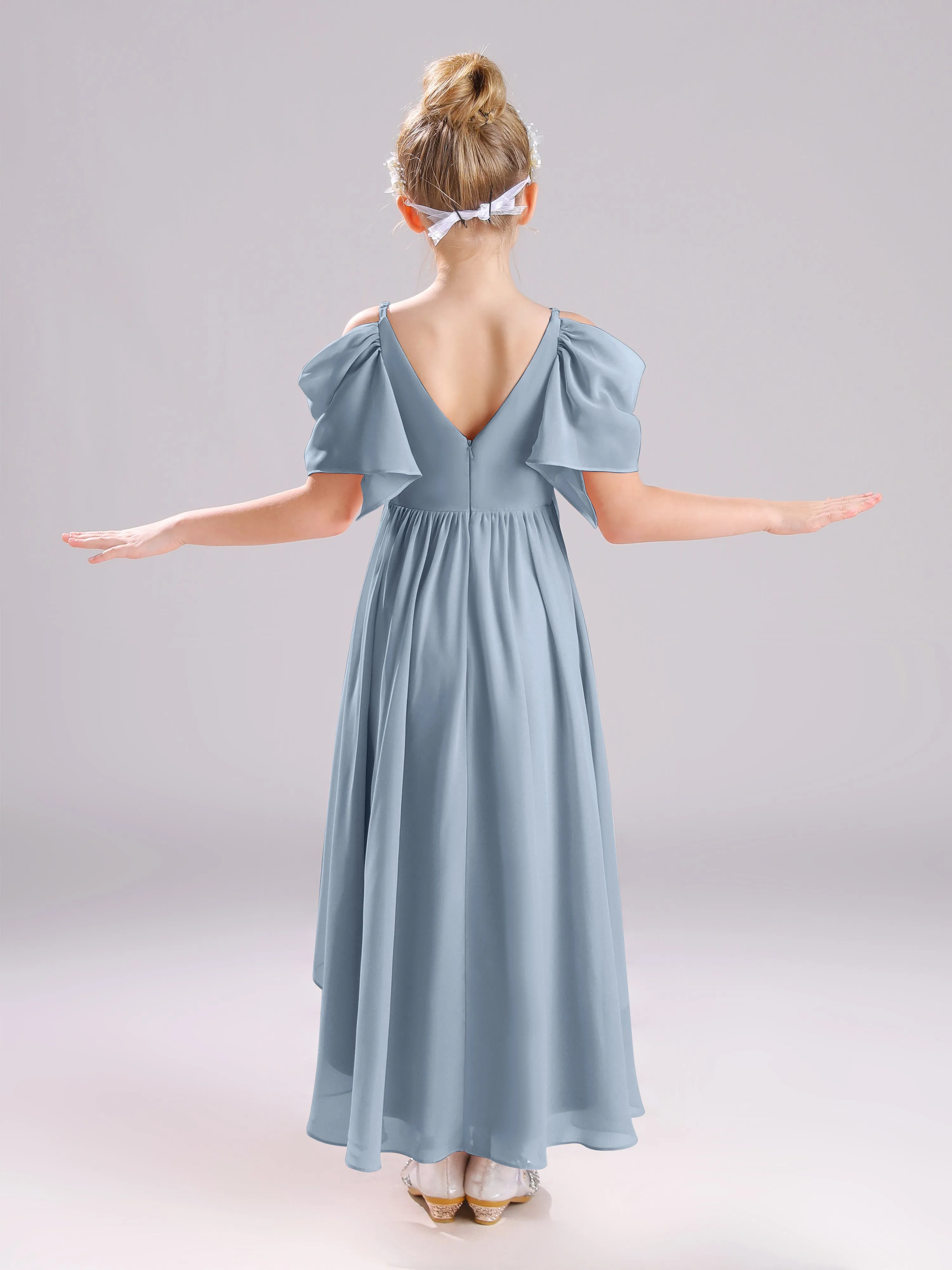 Off The Shoulder Straps Long Chiffon Junior Bridesmaid Dresses