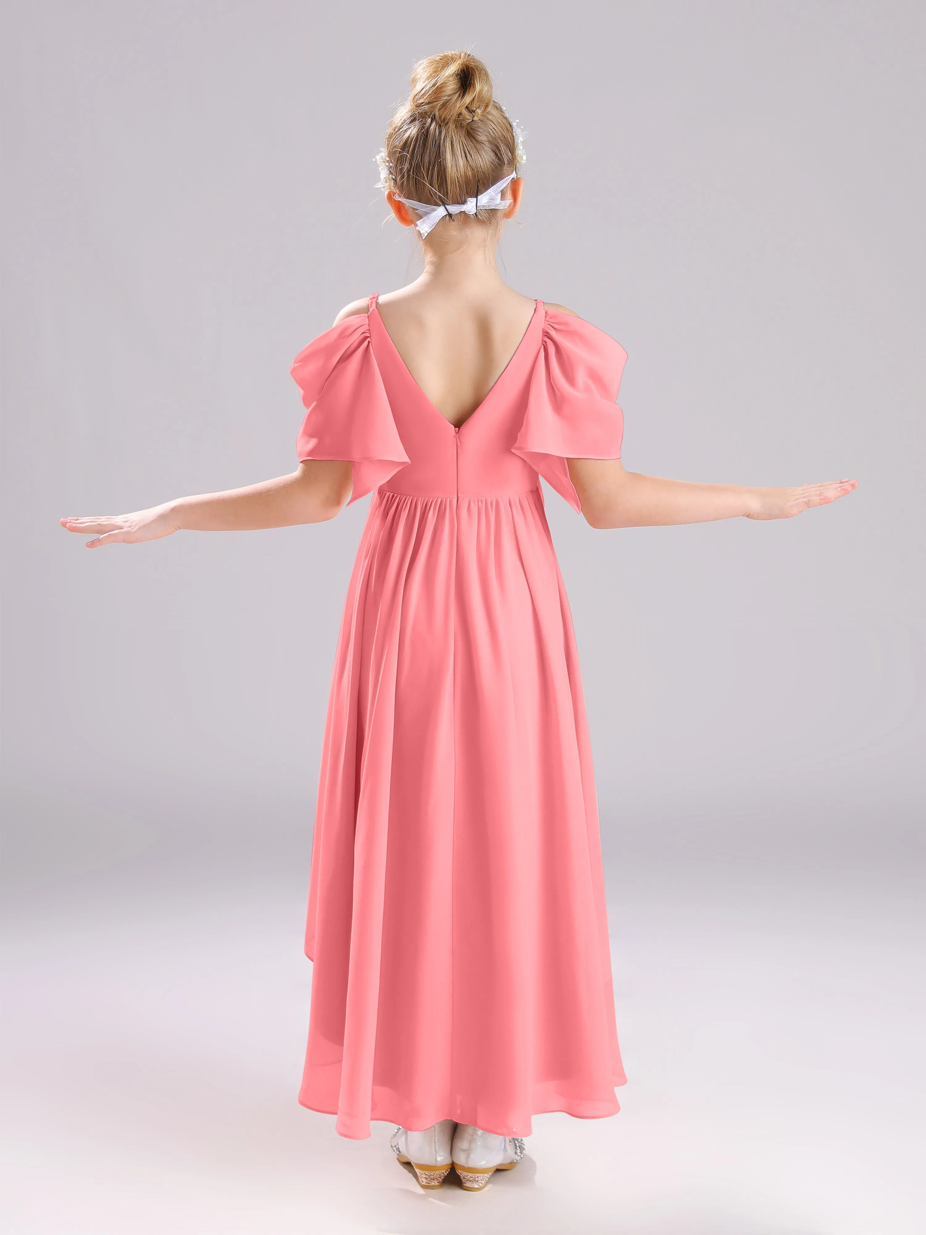 Off The Shoulder Straps Long Chiffon Junior Bridesmaid Dresses