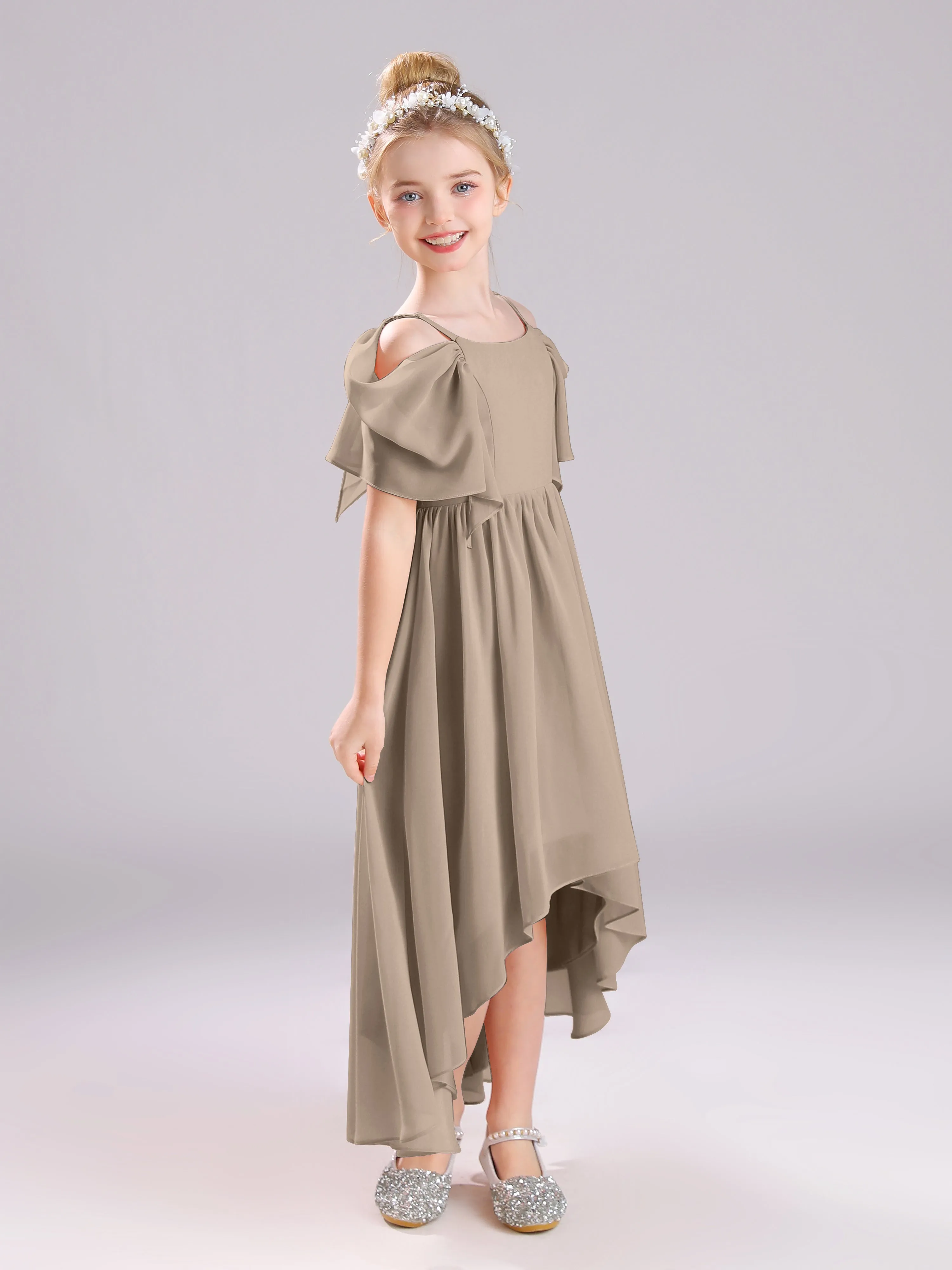 Off The Shoulder Straps Long Chiffon Junior Bridesmaid Dresses