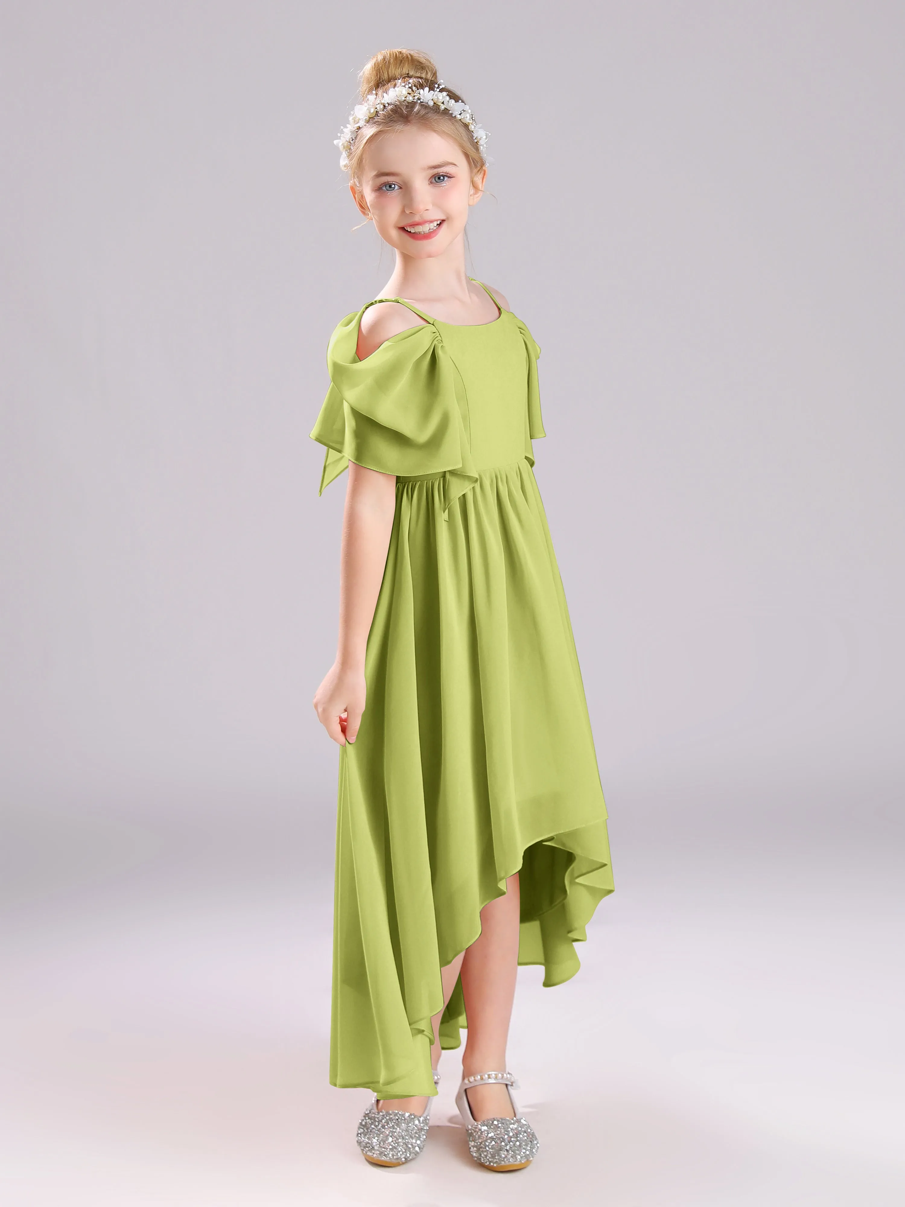 Off The Shoulder Straps Long Chiffon Junior Bridesmaid Dresses