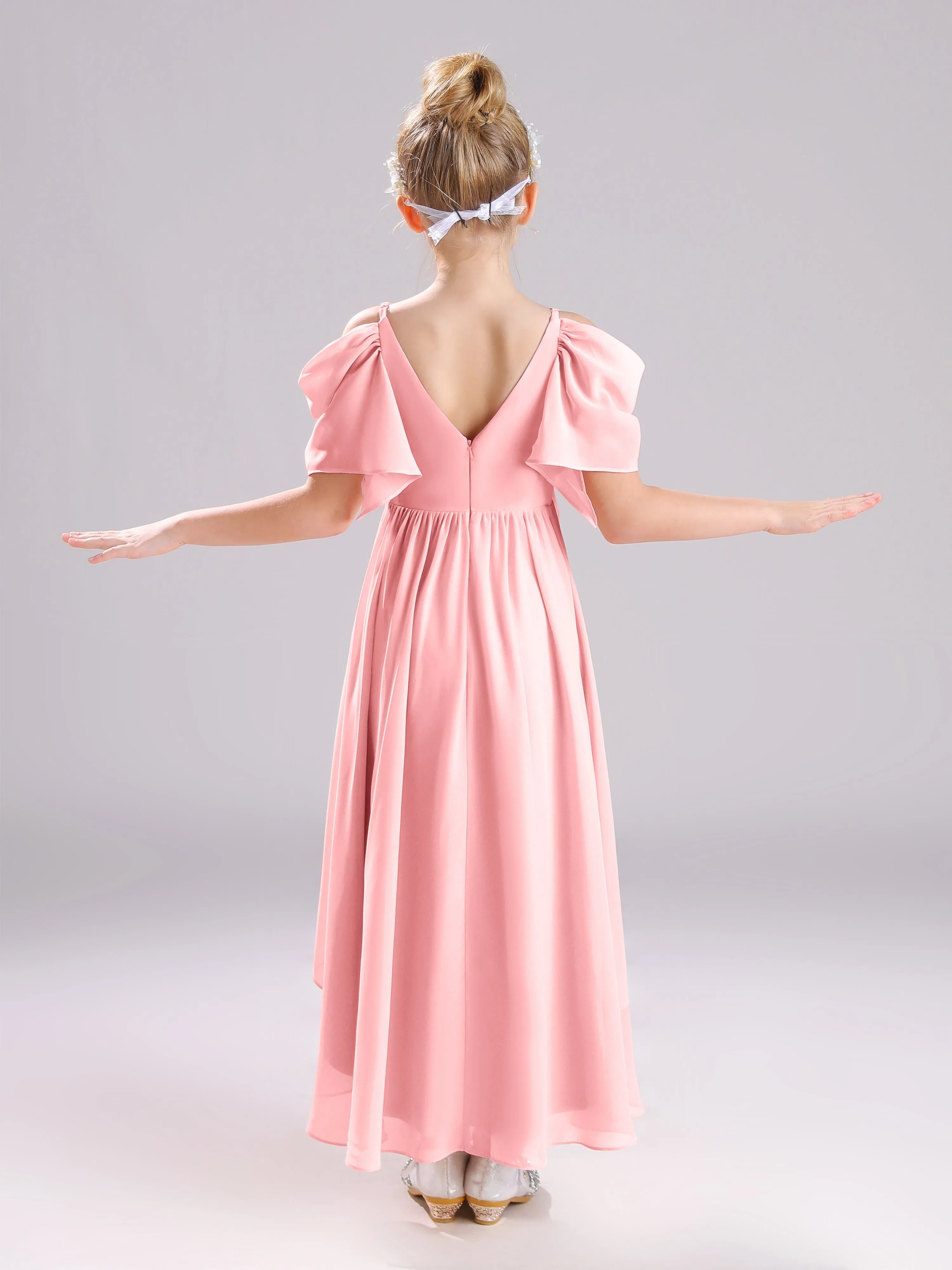 Off The Shoulder Straps Long Chiffon Junior Bridesmaid Dresses