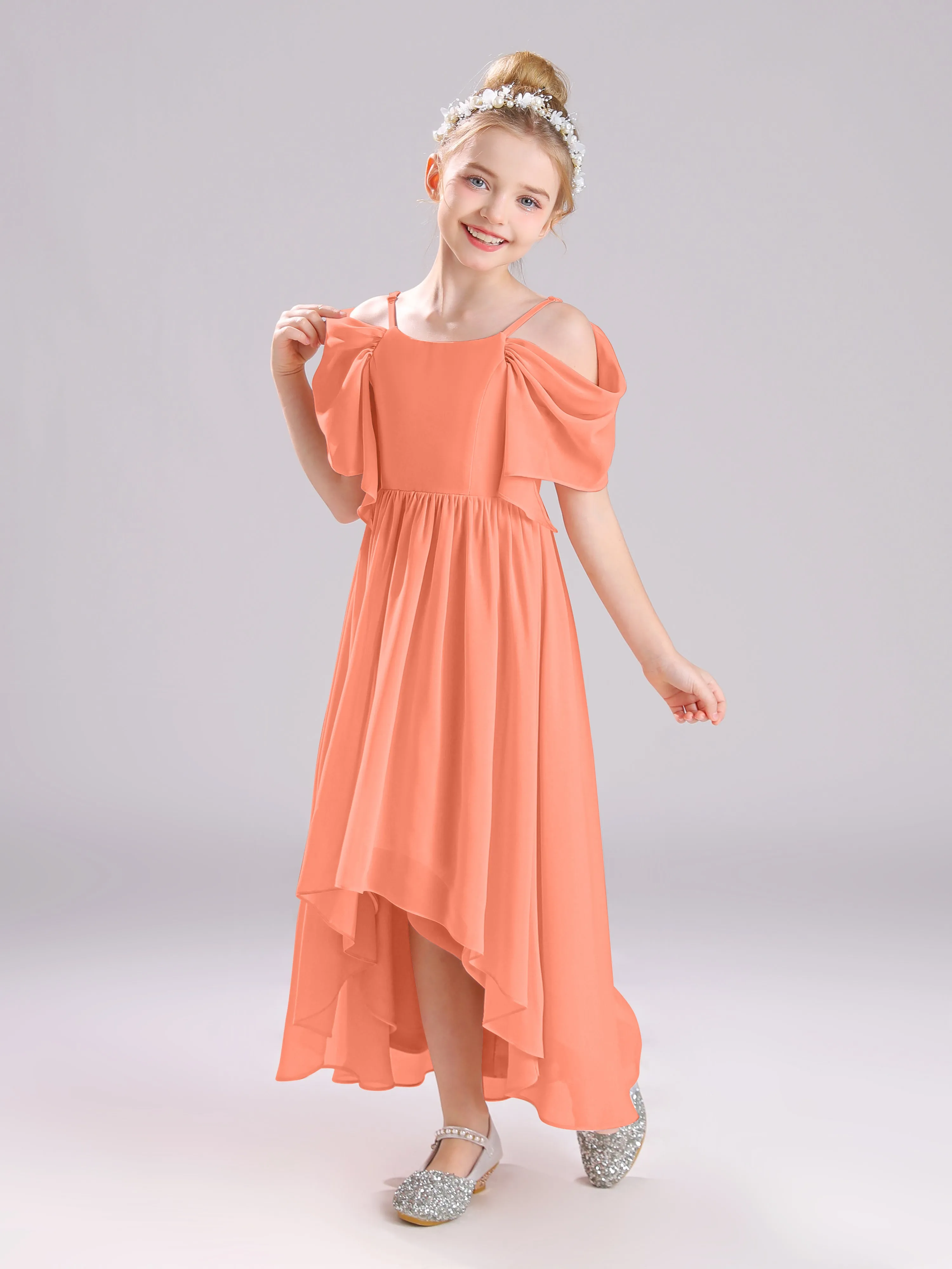 Off The Shoulder Straps Long Chiffon Junior Bridesmaid Dresses