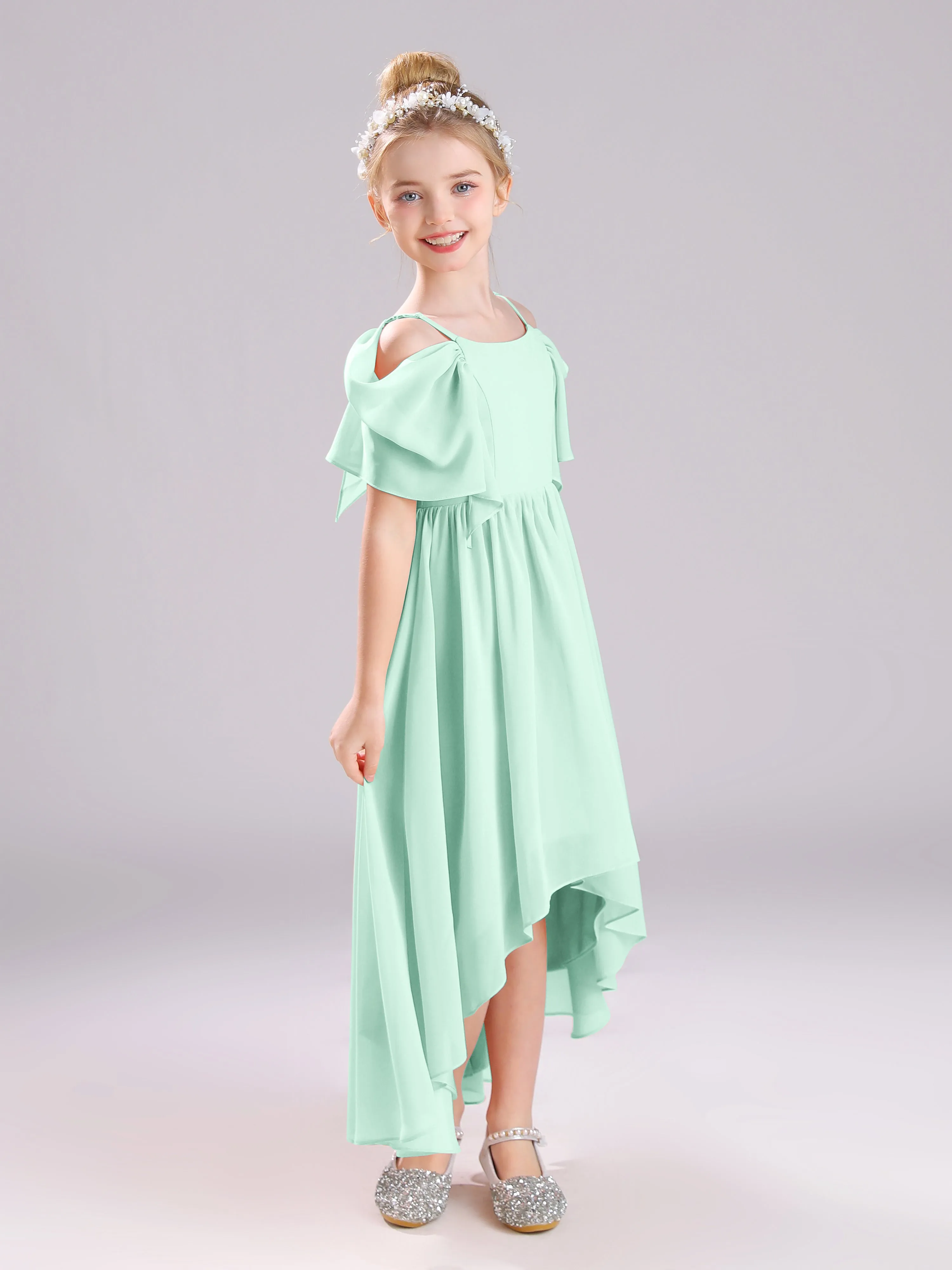 Off The Shoulder Straps Long Chiffon Junior Bridesmaid Dresses