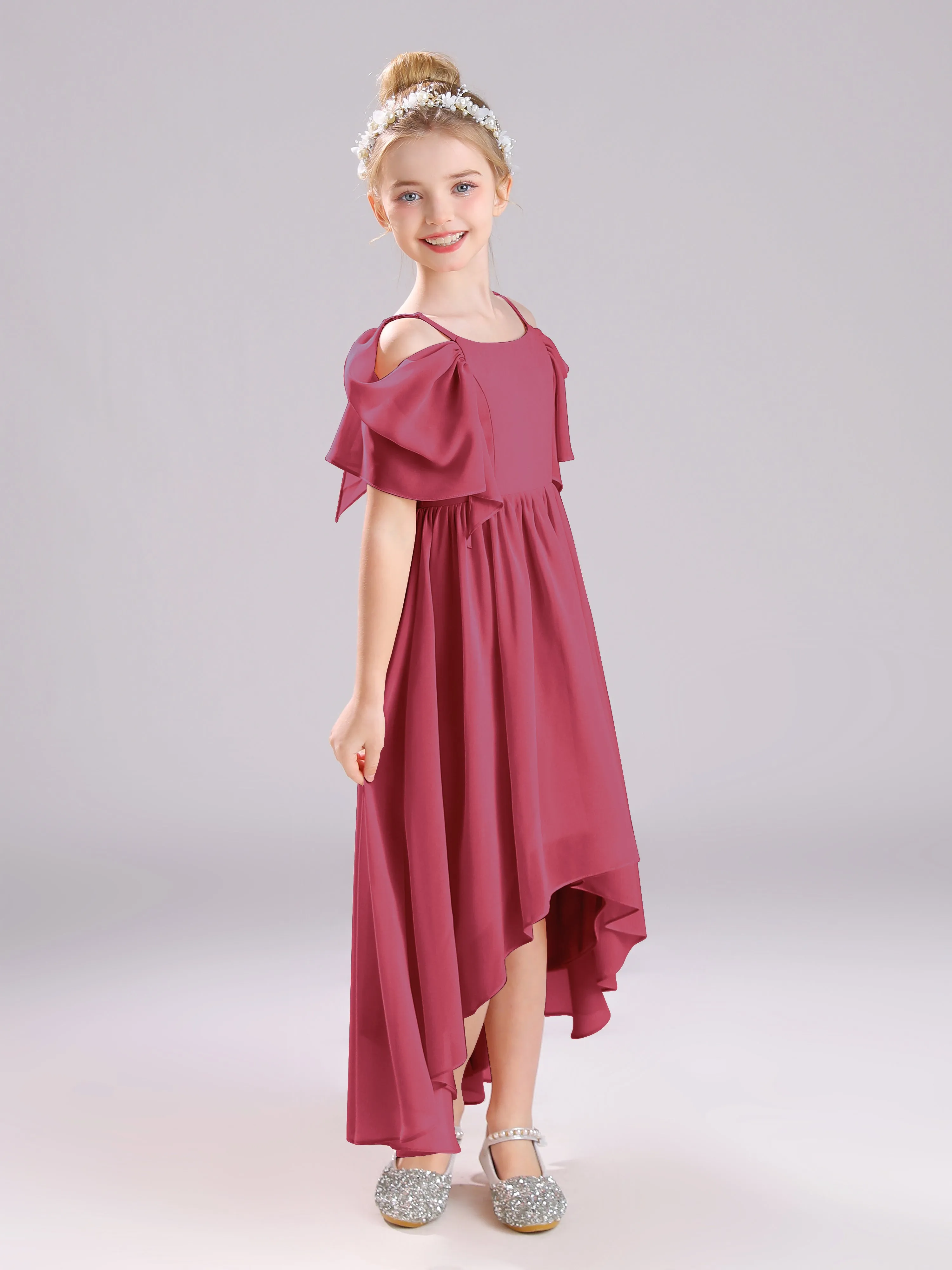 Off The Shoulder Straps Long Chiffon Junior Bridesmaid Dresses