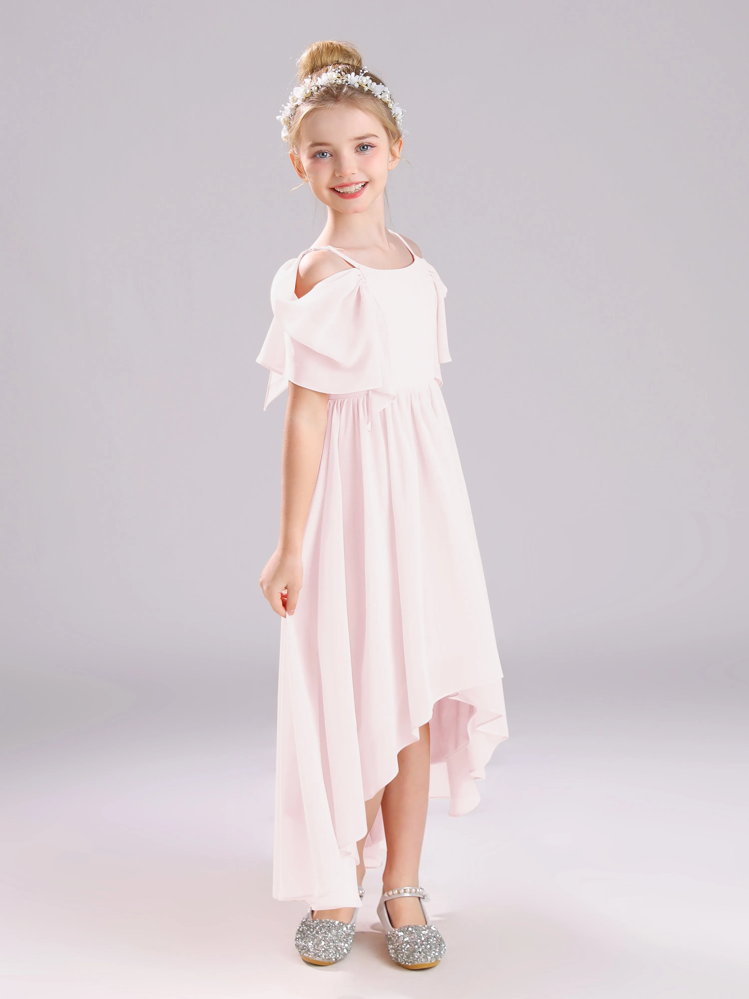 Off The Shoulder Straps Long Chiffon Junior Bridesmaid Dresses