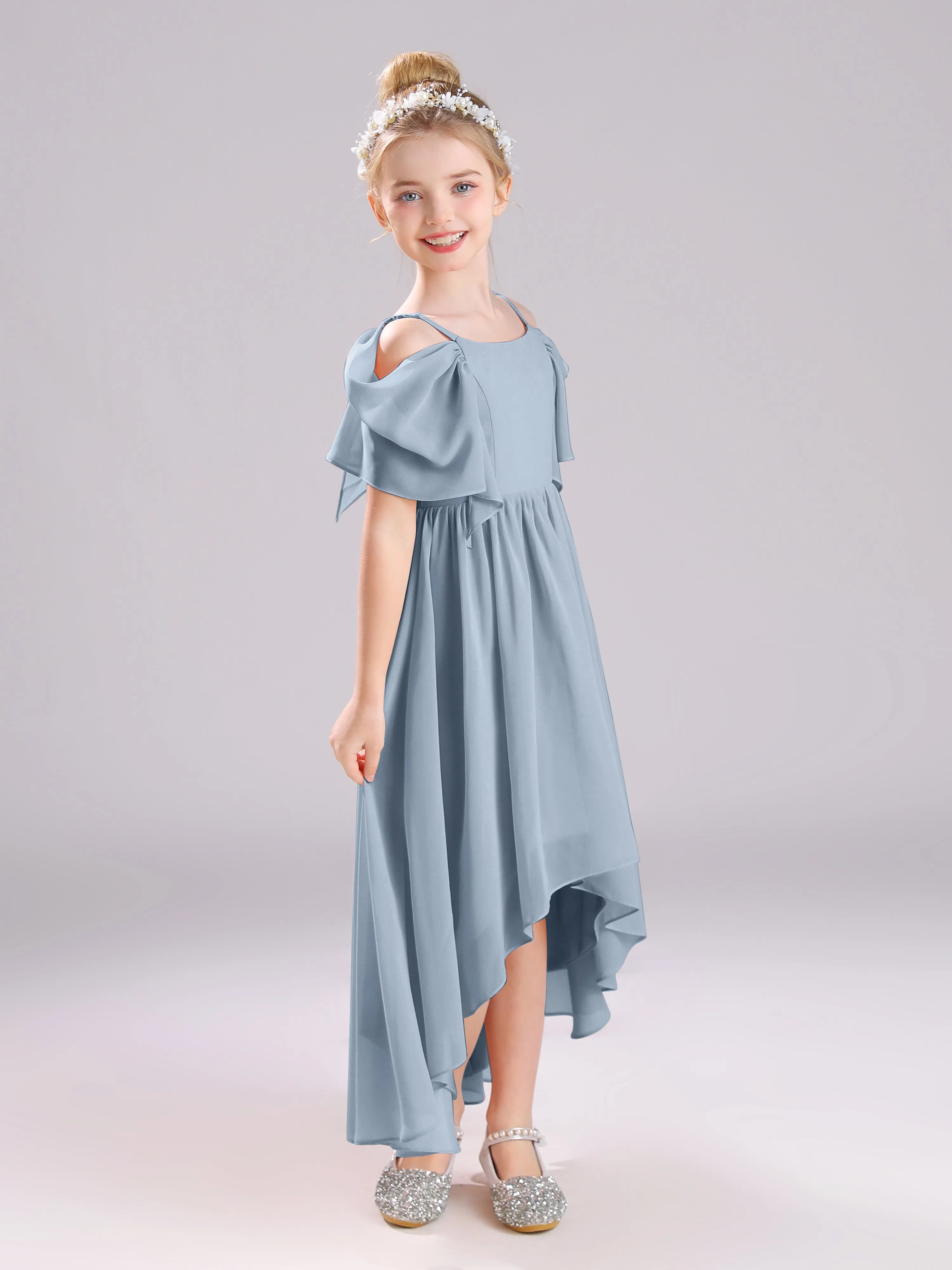 Off The Shoulder Straps Long Chiffon Junior Bridesmaid Dresses