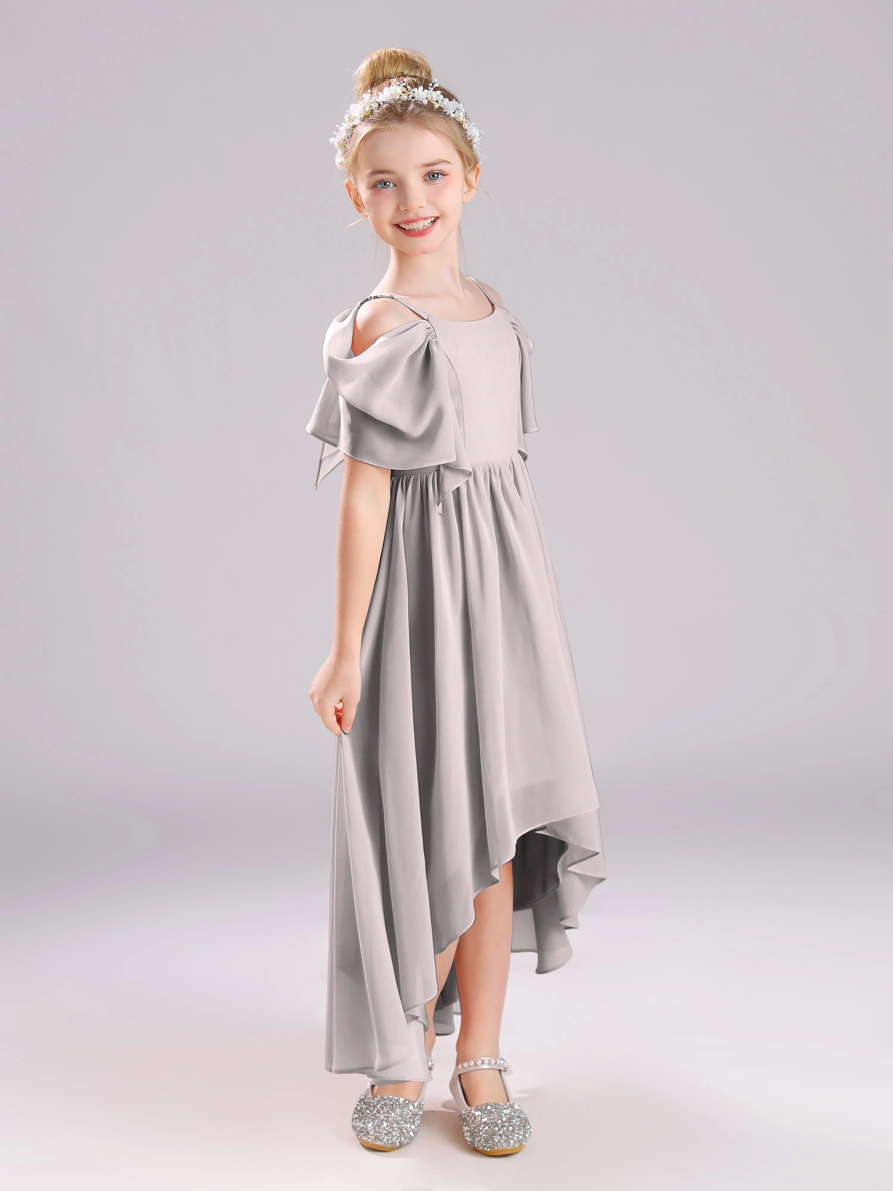 Off The Shoulder Straps Long Chiffon Junior Bridesmaid Dresses