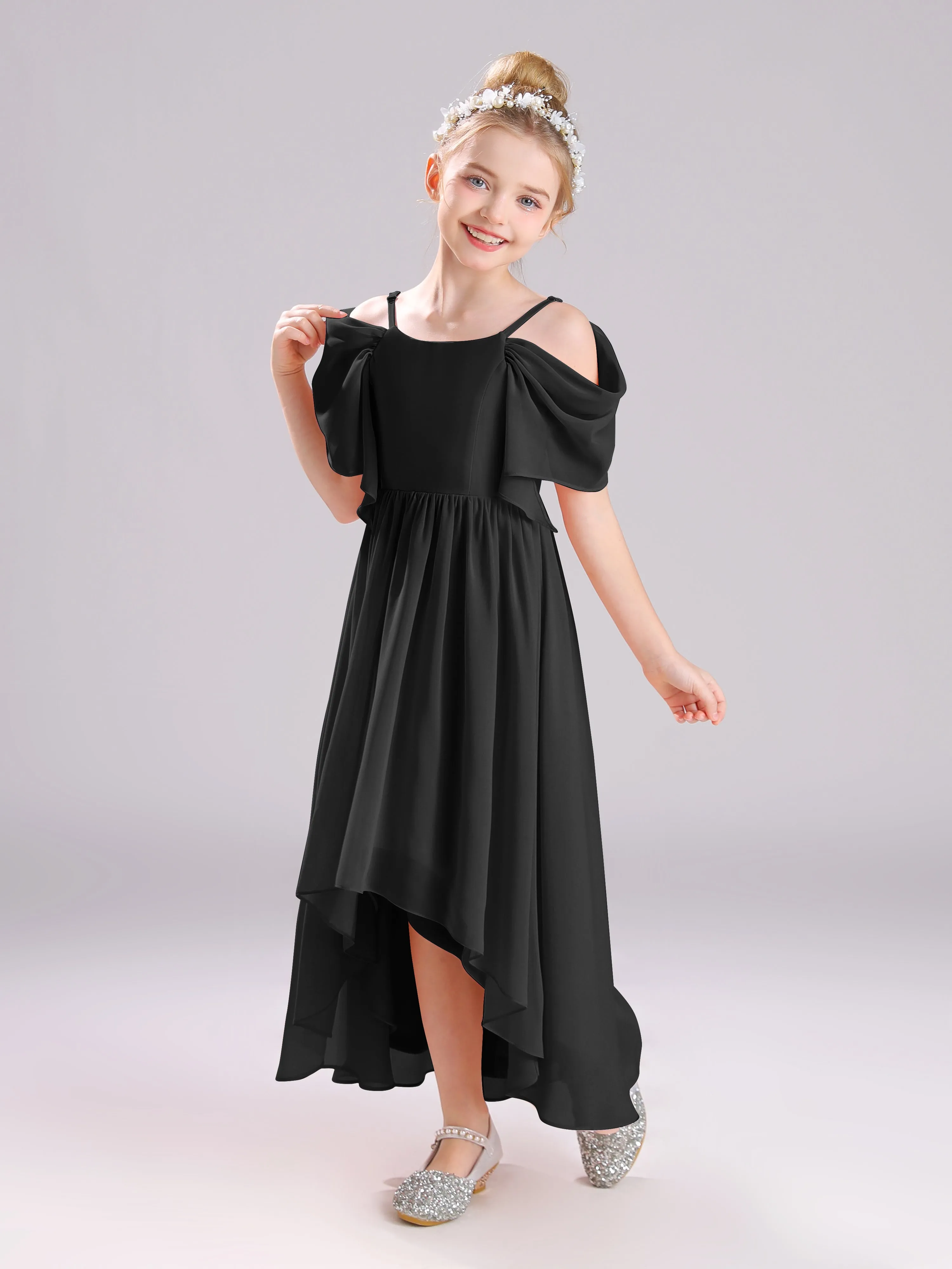 Off The Shoulder Straps Long Chiffon Junior Bridesmaid Dresses